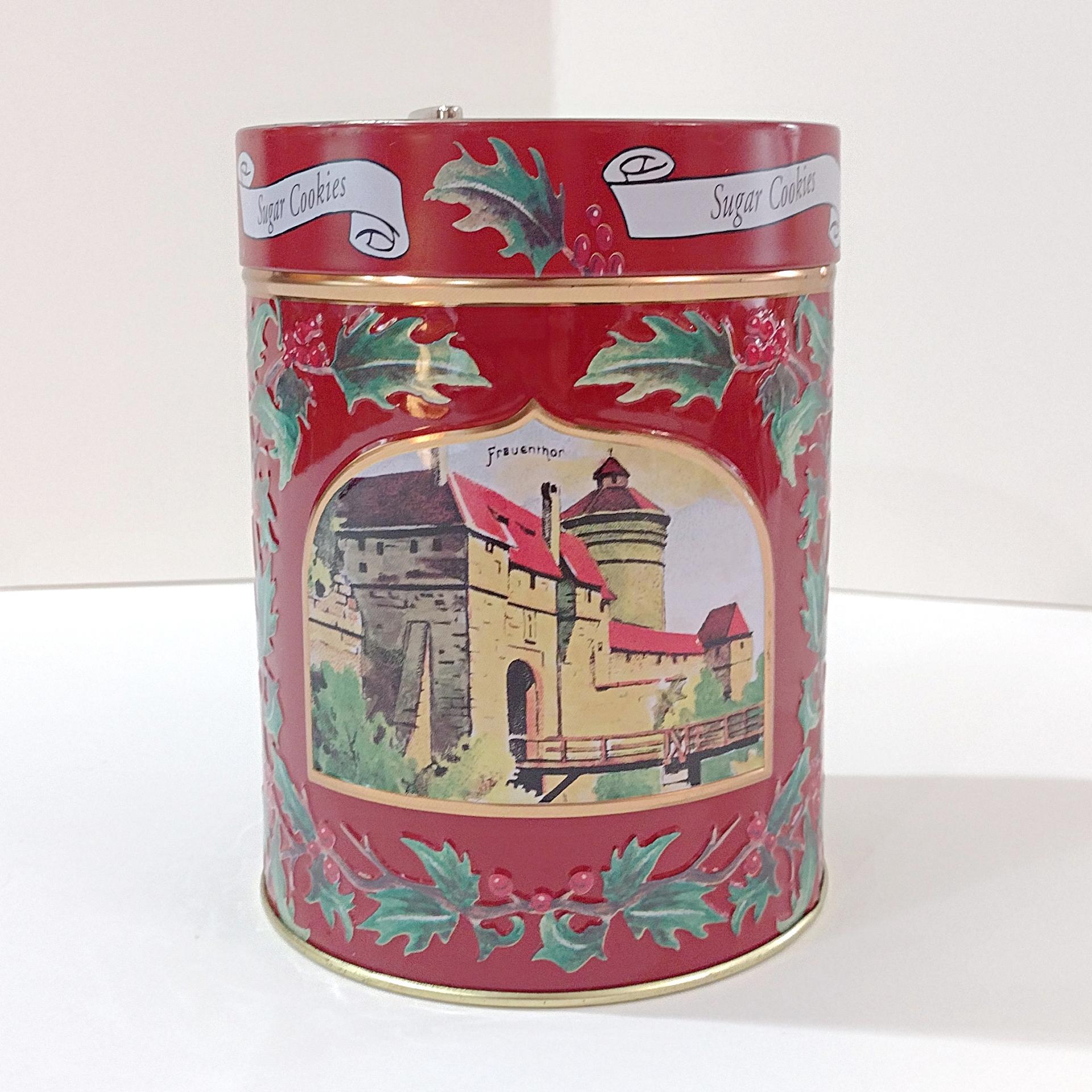 Vintage Lambertz Musical Sugar Cookie Holiday Cylinder Tin, German Jingle Bells Music Box Storage Tin