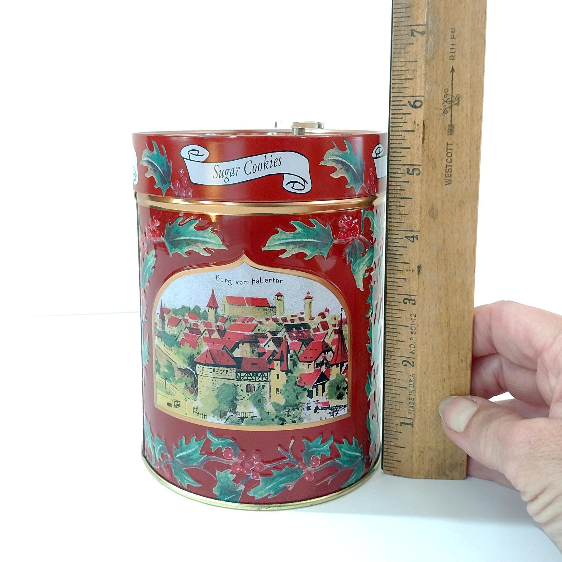 Vintage Lambertz Musical Sugar Cookie Holiday Cylinder Tin, German Jingle Bells Music Box Storage Tin
