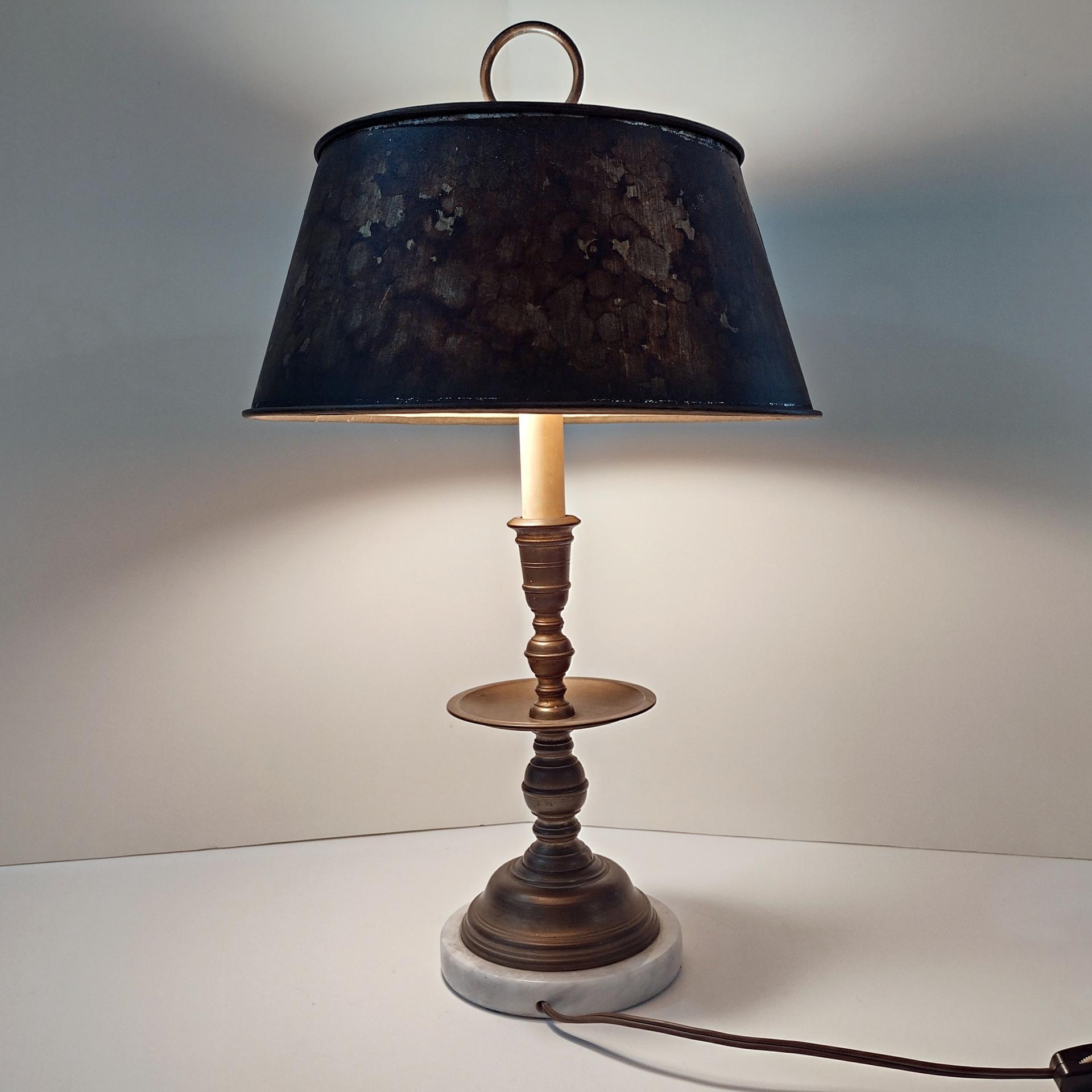 Vintage Brass Candlestick Table Desk Lamp with White Marble Base and Brown Mottled Shade, MCM Two Socket Bulb Lamp