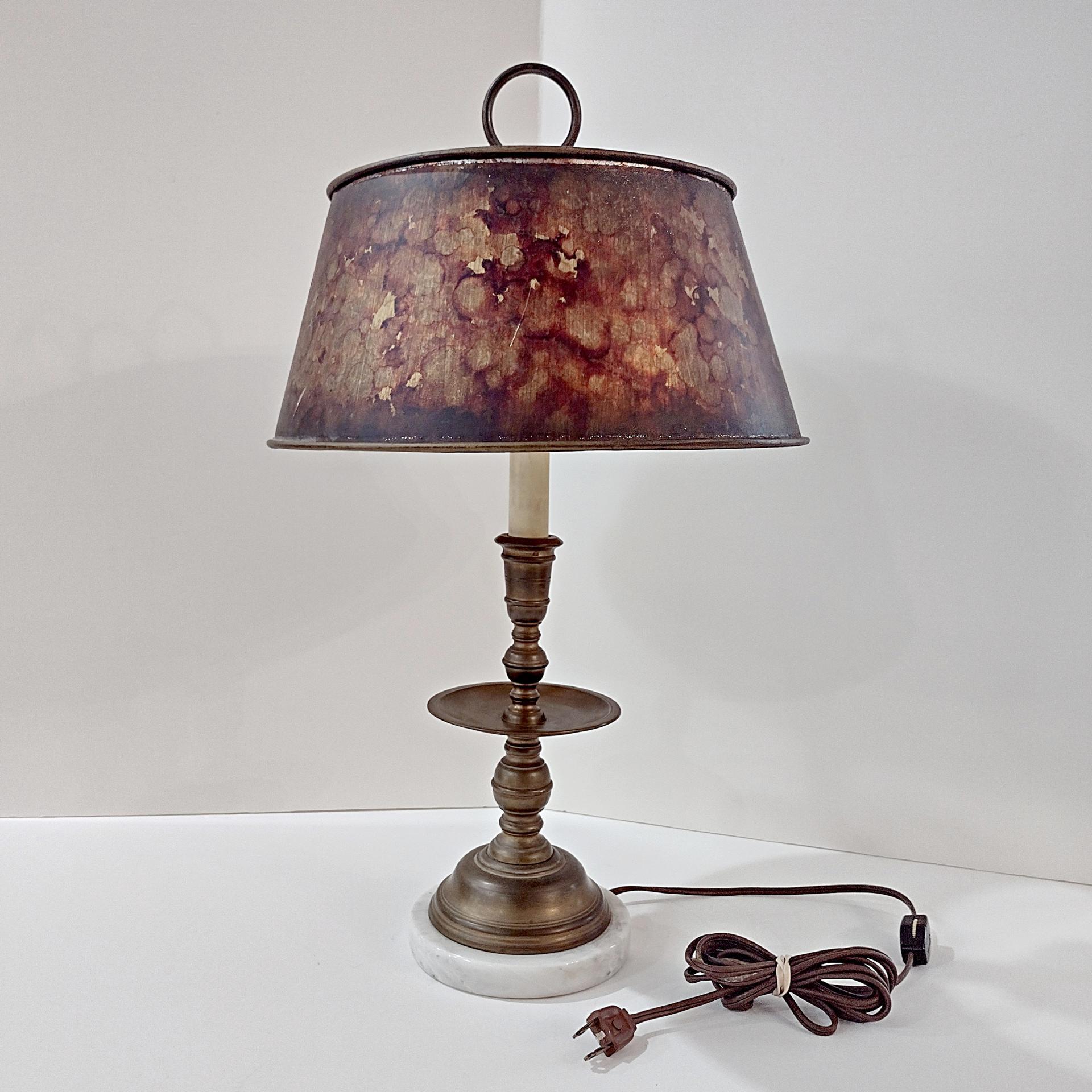 Vintage Brass Candlestick Table Desk Lamp with White Marble Base and Brown Mottled Shade, MCM Two Socket Bulb Lamp