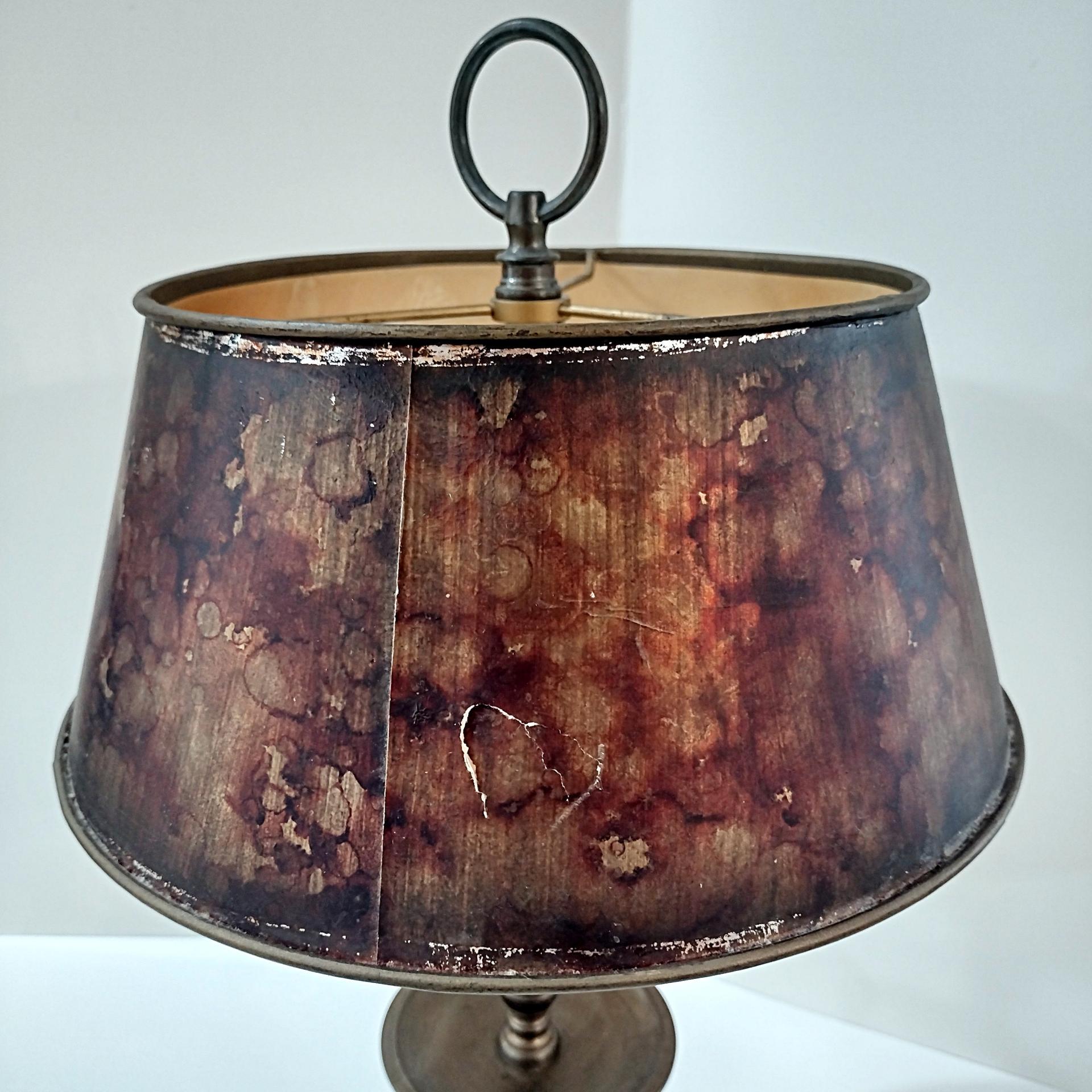 Vintage Brass Candlestick Table Desk Lamp with White Marble Base and Brown Mottled Shade, MCM Two Socket Bulb Lamp