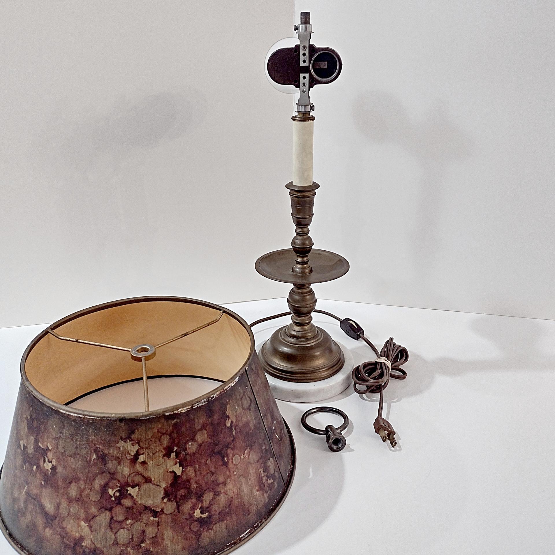 Vintage Brass Candlestick Table Desk Lamp with White Marble Base and Brown Mottled Shade, MCM Two Socket Bulb Lamp