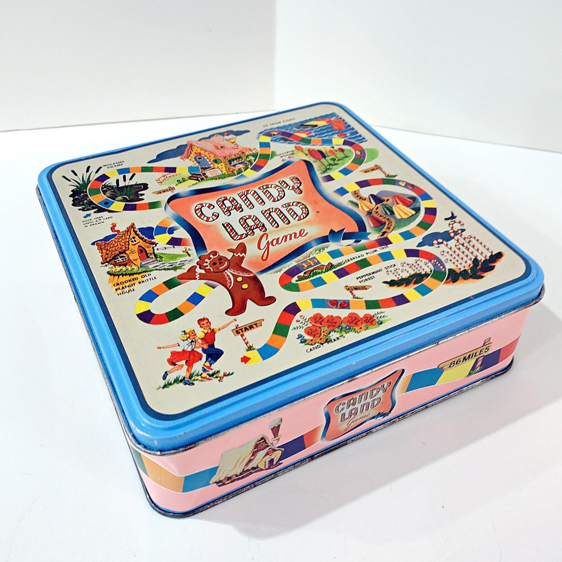 Vintage Candy Land Game Square Cookie Tin Container, Children's Room Decorative Metal Storage Box, Candyland Collectible