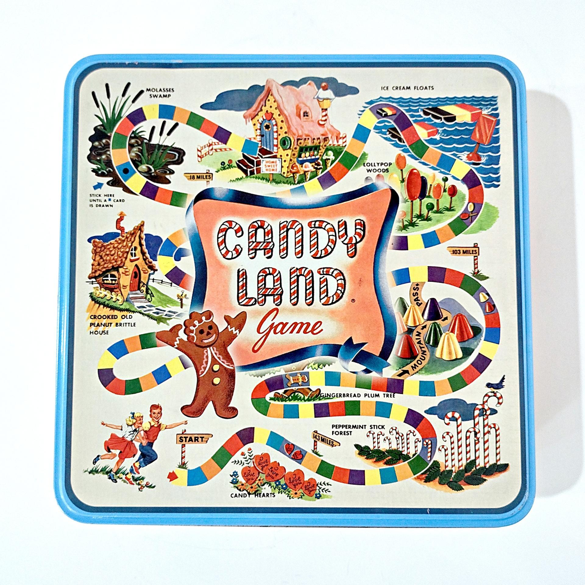 Vintage Candy Land Game Square Cookie Tin Container, Children's Room Decorative Metal Storage Box, Candyland Collectible