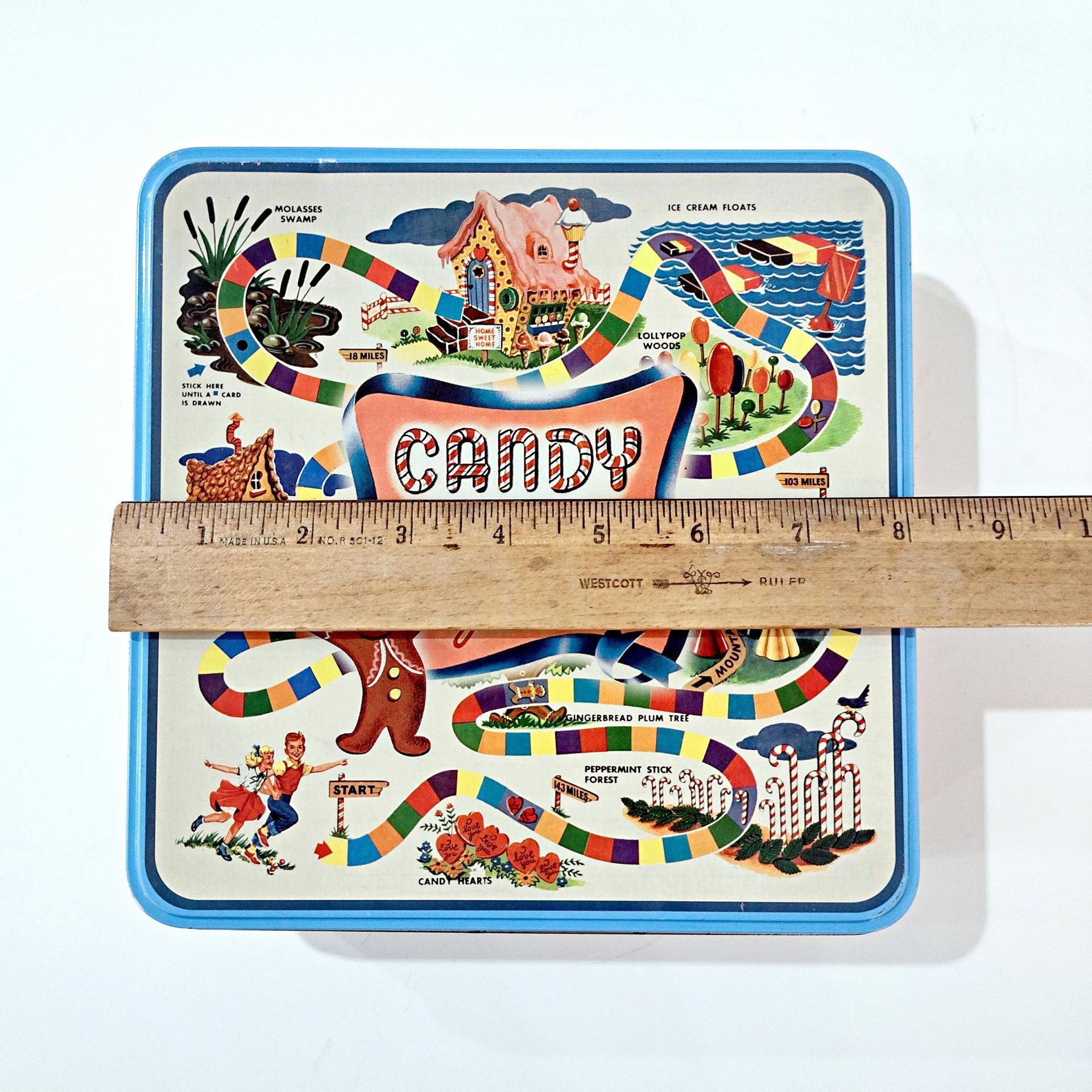 Vintage Candy Land Game Square Cookie Tin Container, Children's Room Decorative Metal Storage Box, Candyland Collectible