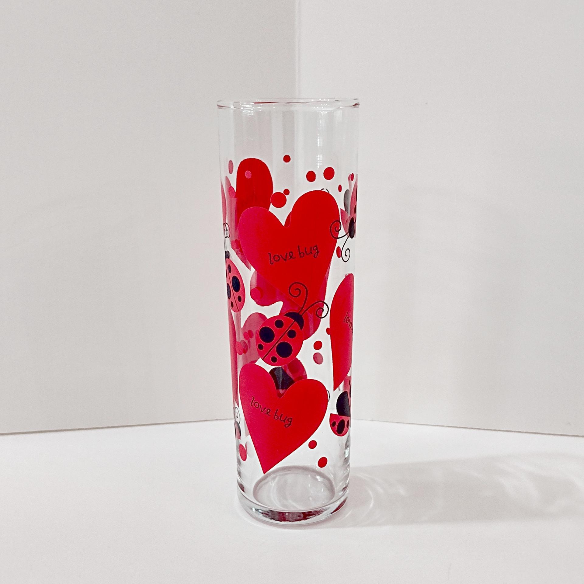Vintage Anchor Hocking Love Bug Tall Collins Glass, Lady Bug and Hearts Bud Vase