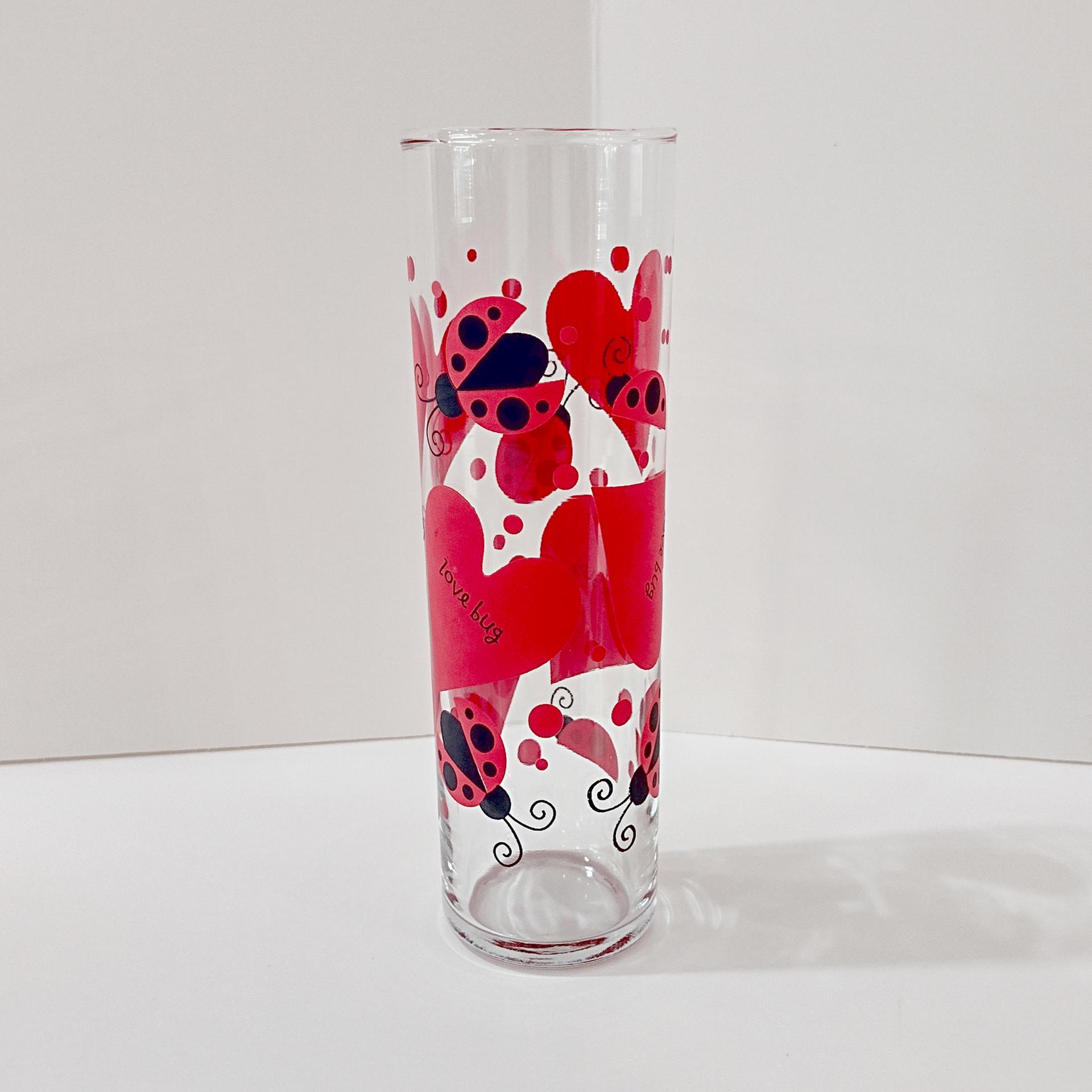 Vintage Anchor Hocking Love Bug Tall Collins Glass, Lady Bug and Hearts Bud Vase