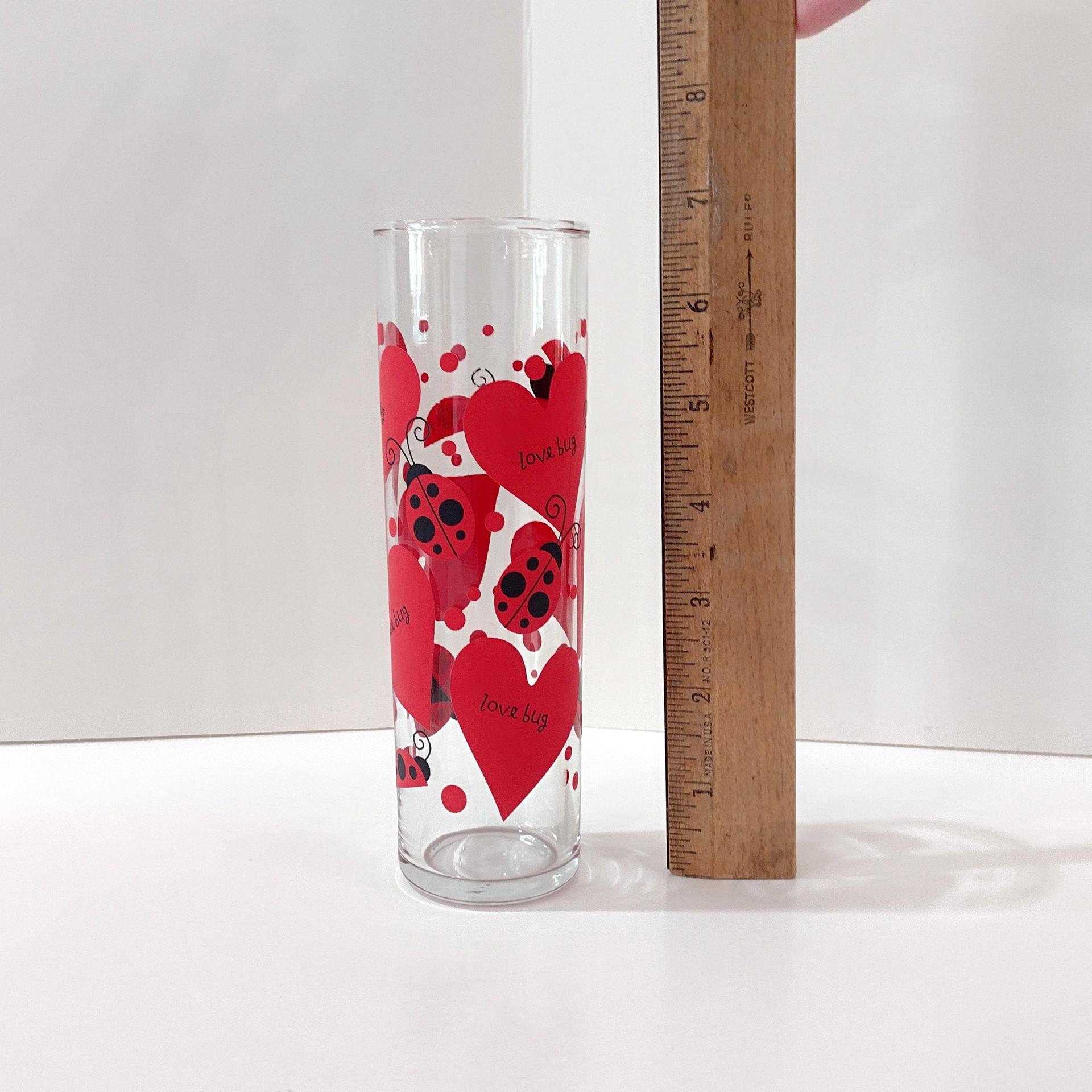 Vintage Anchor Hocking Love Bug Tall Collins Glass, Lady Bug and Hearts Bud Vase