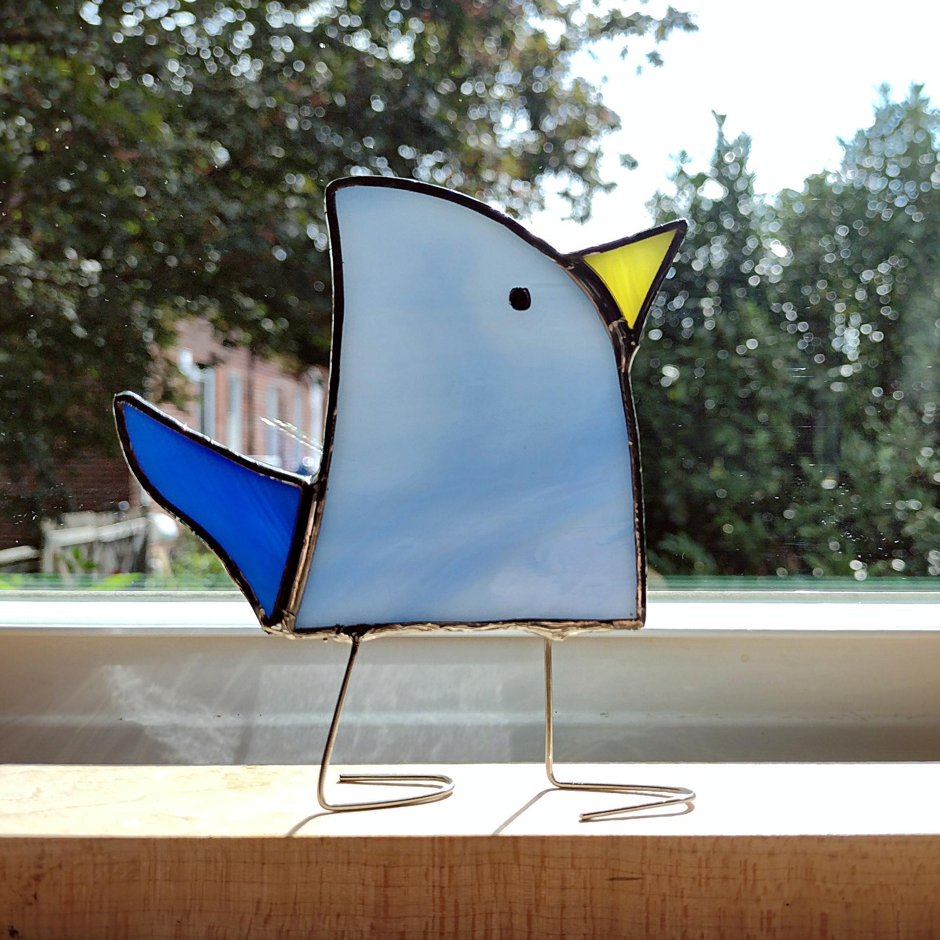 Stained Glass Standing Bird, Funky Glass Bird, Blue Bird Suncatcher, Windowsill Free Standing Bird