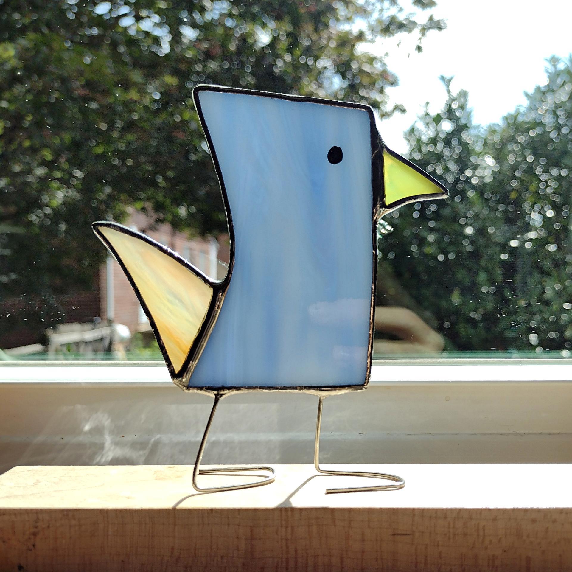 Stained Glass Standing Bird, Funky Blue and Orange Glass Bird Suncatcher, Bird Lover Gift