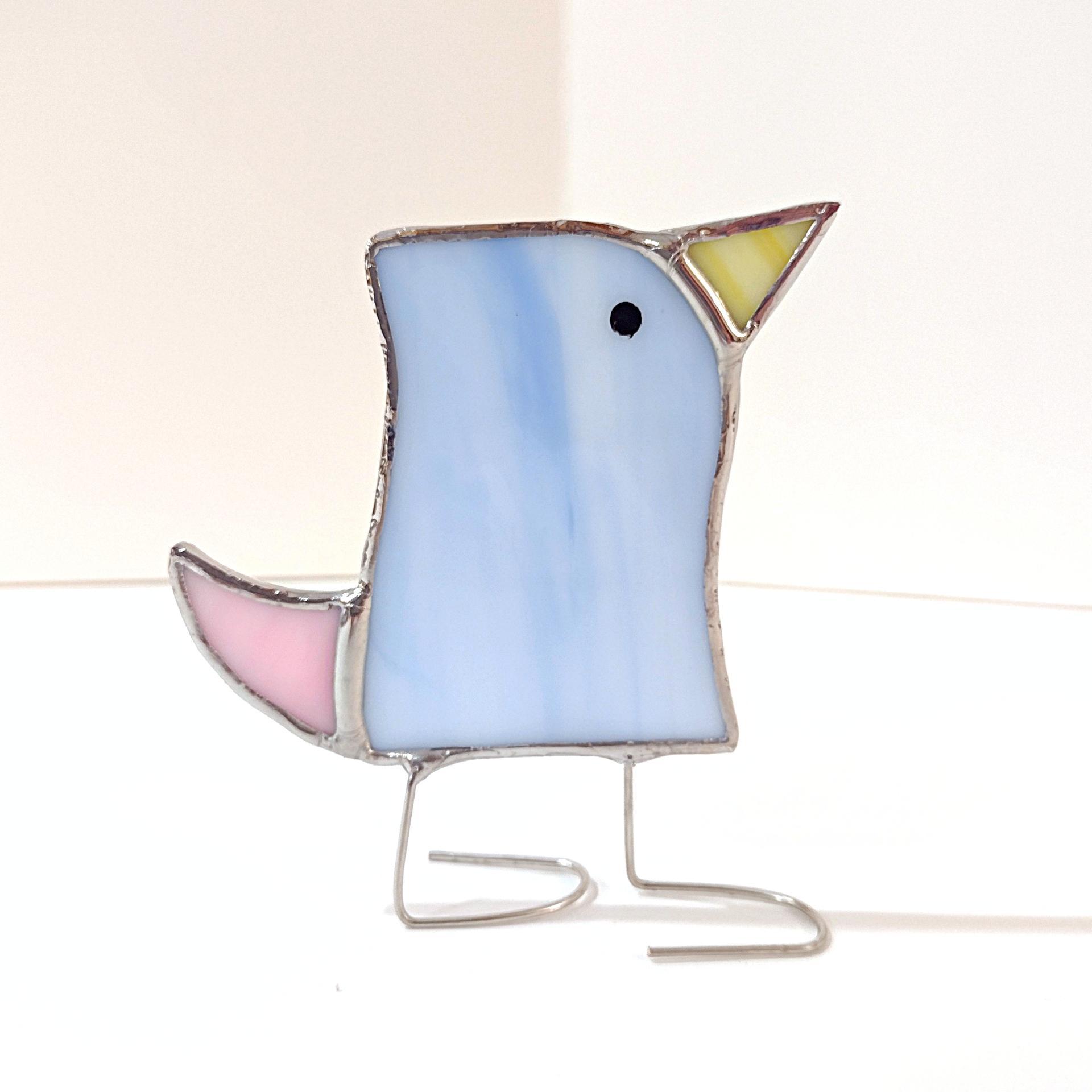 Stained Glass Standing Bird, Funky Blue and Pink Glass Bird Suncatcher, Bird Lover Gift, Windowsill Sitter