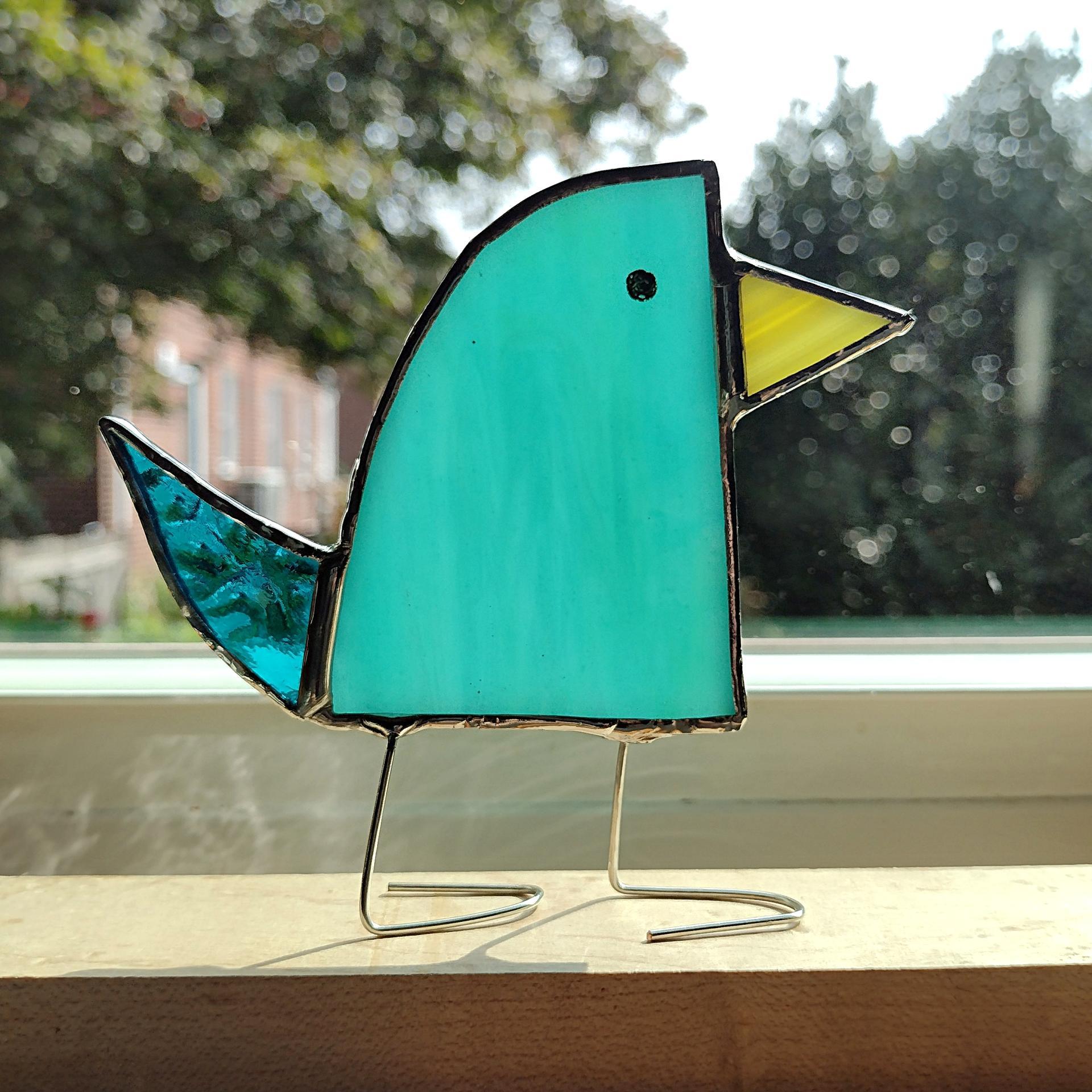 Stained Glass Standing Bird, Funky Blue Glass Bird Suncatcher, Bird Lover Gift, Windowsill Sitter