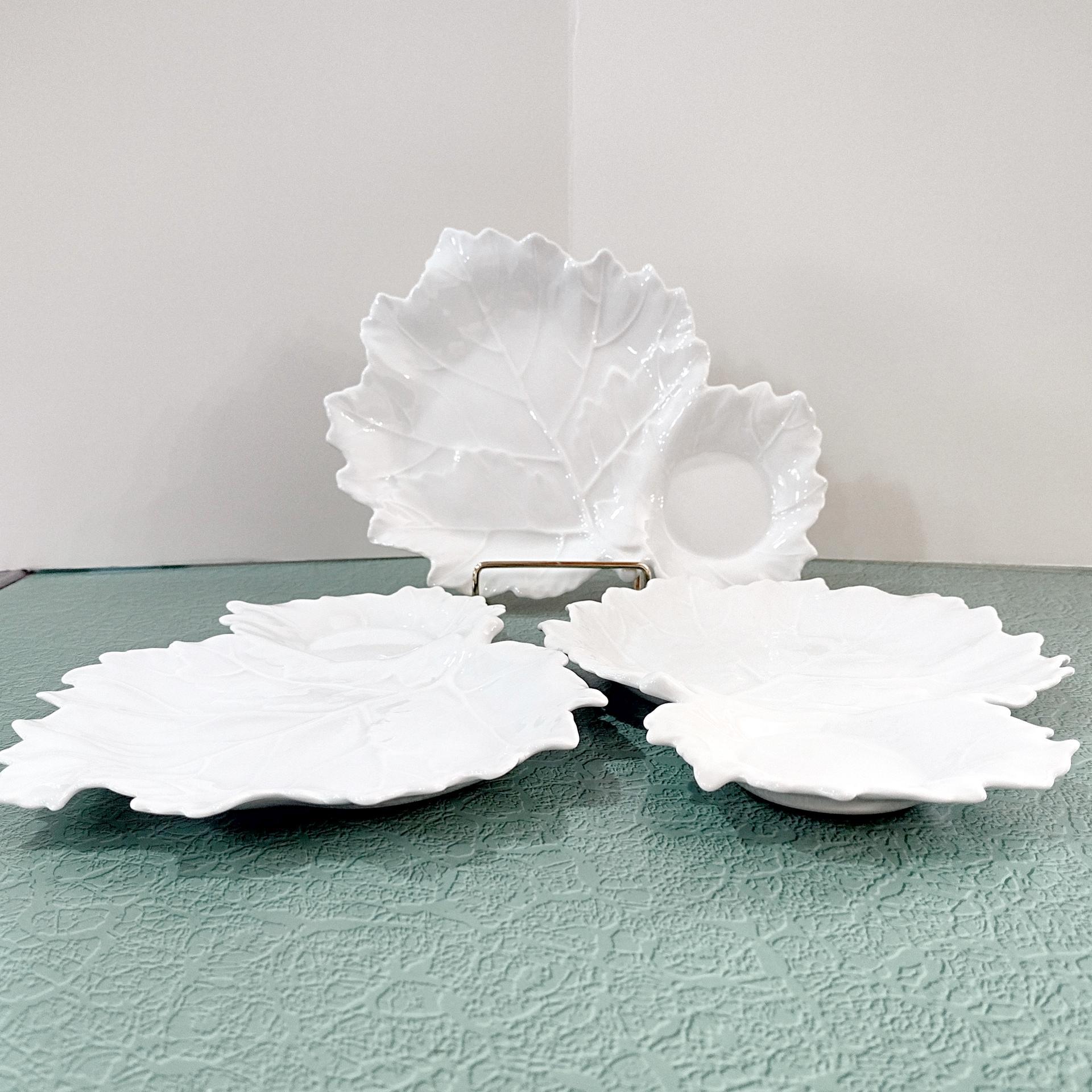 Set of 3 Vintage White Ceramic Leaf Shaped Snack Trays with Drink Holders, Leaf Appetizer Plates