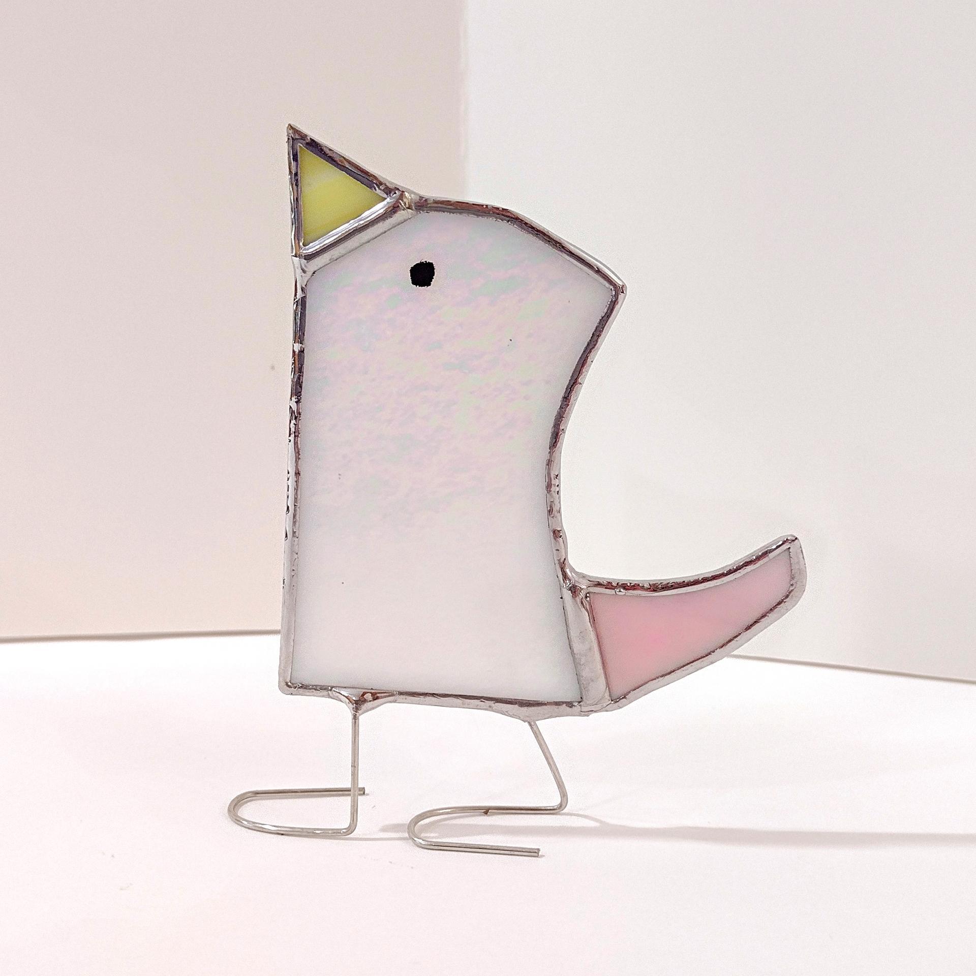 Stained Glass Standing Bird, Funky Pink and White Iridescent Glass Bird Suncatcher, Bird Lover Gift, Windowsill Sitter