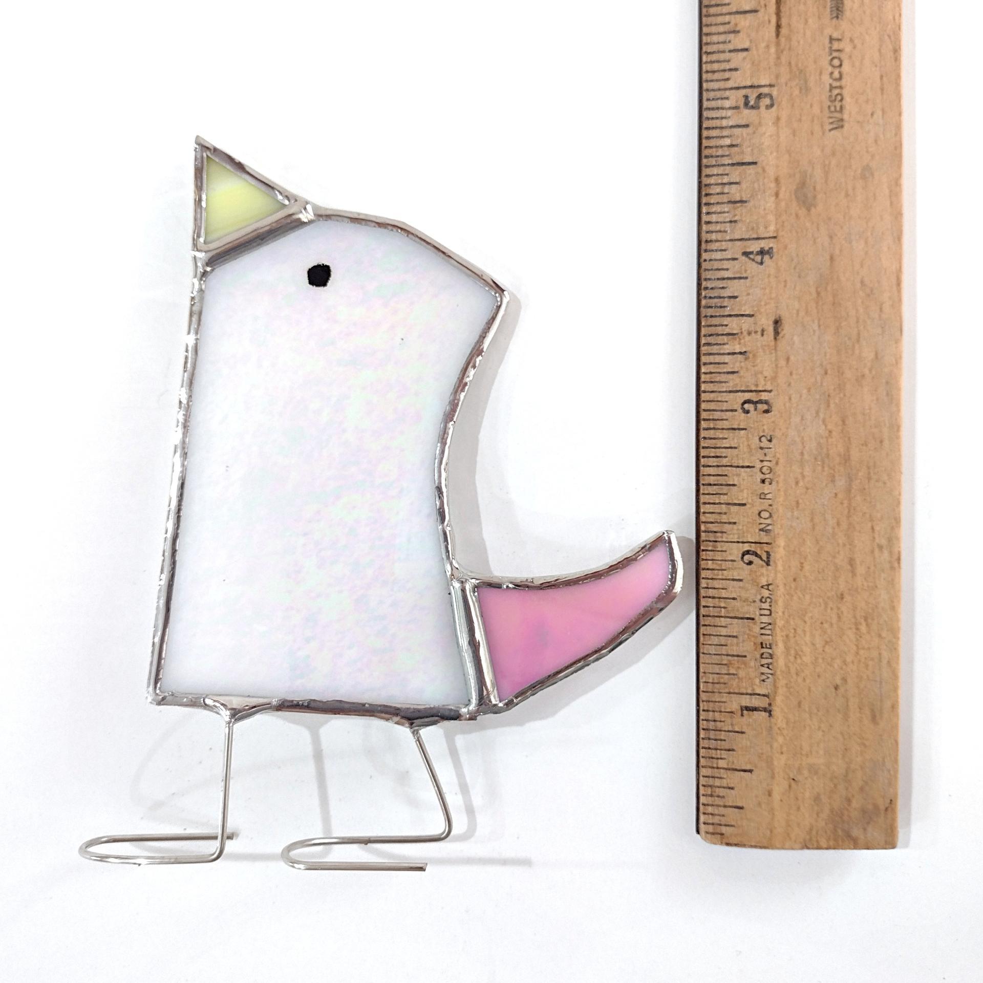 Stained Glass Standing Bird, Funky Pink and White Iridescent Glass Bird Suncatcher, Bird Lover Gift, Windowsill Sitter
