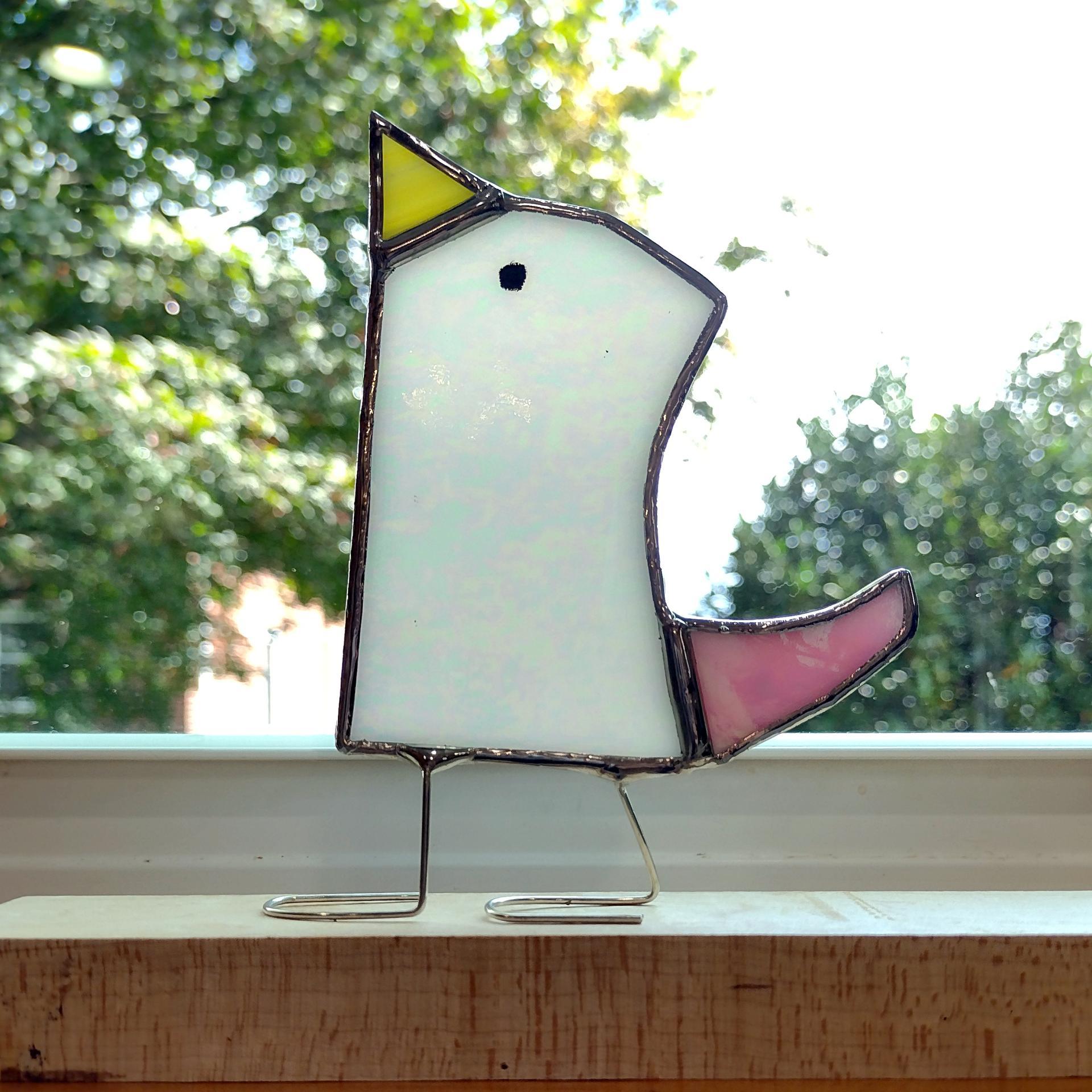 Stained Glass Standing Bird, Funky Pink and White Iridescent Glass Bird Suncatcher, Bird Lover Gift, Windowsill Sitter