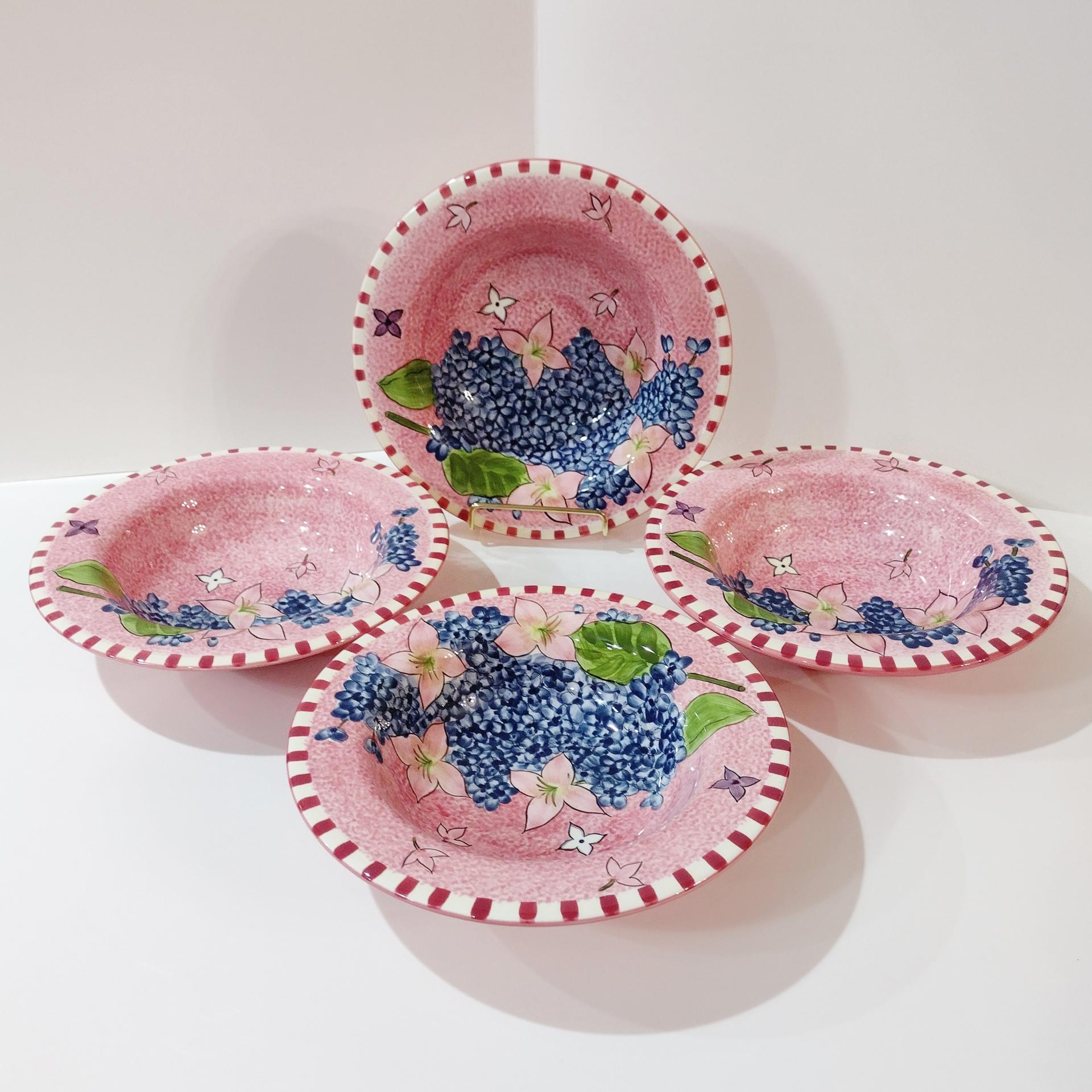 Vintage Laurie Gates Hydrangea Ceramic Pink Spongeware Salad Soup Cereal Bowls, Set of 4