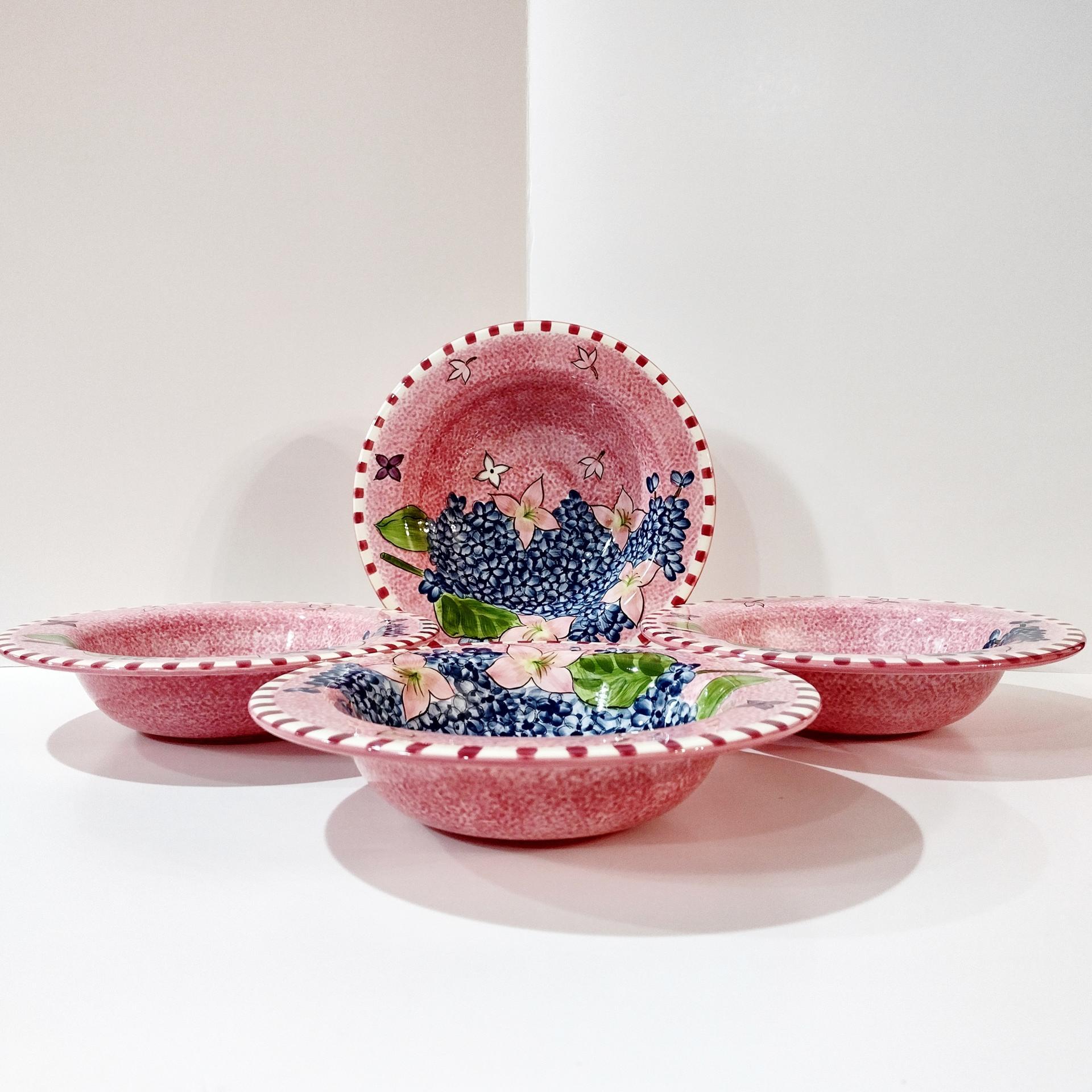 Vintage Laurie Gates Hydrangea Ceramic Pink Spongeware Salad Soup Cereal Bowls, Set of 4