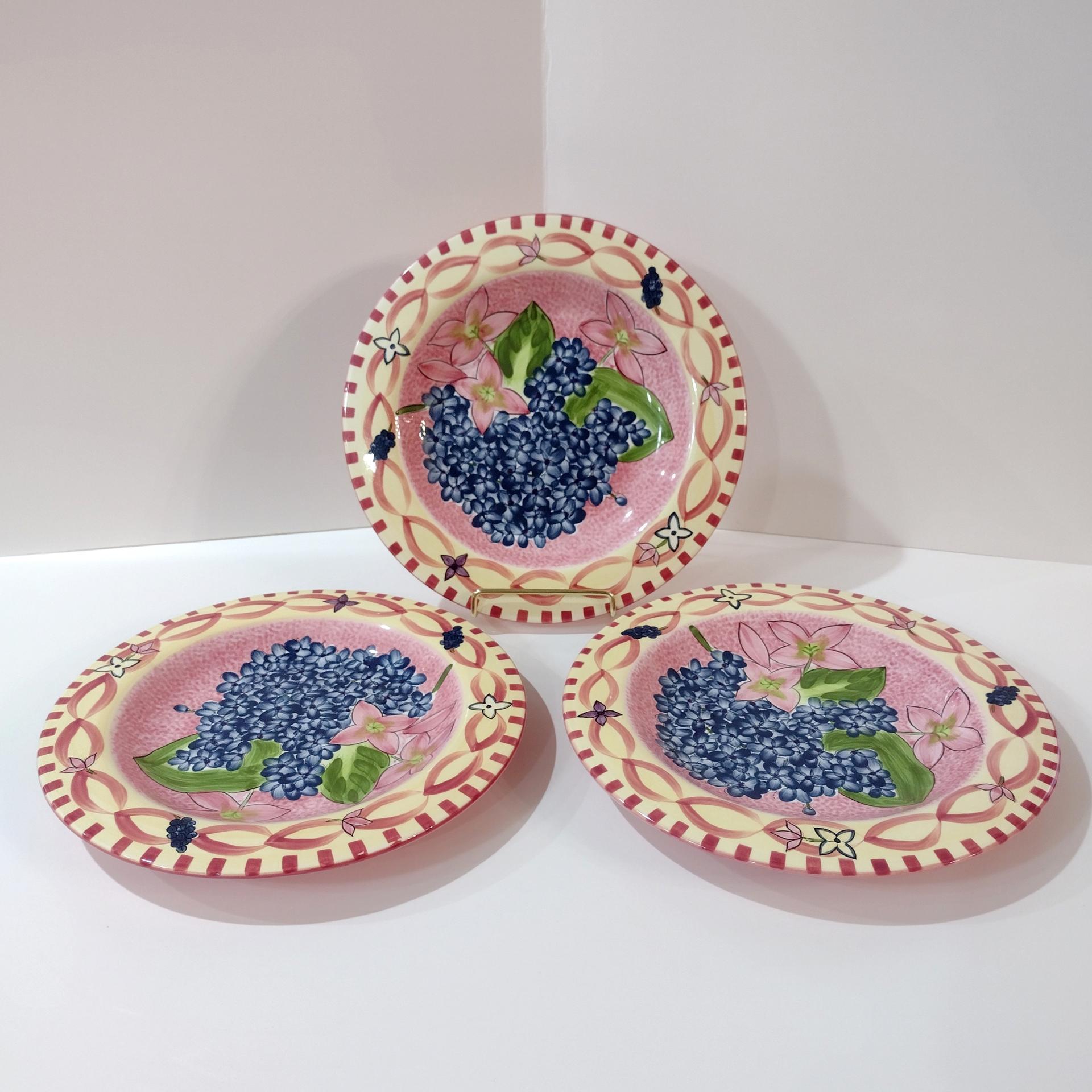 Vintage Laurie Gates Hydrangea Ceramic Pink Spongeware Salad Dessert Plates, Set of 3