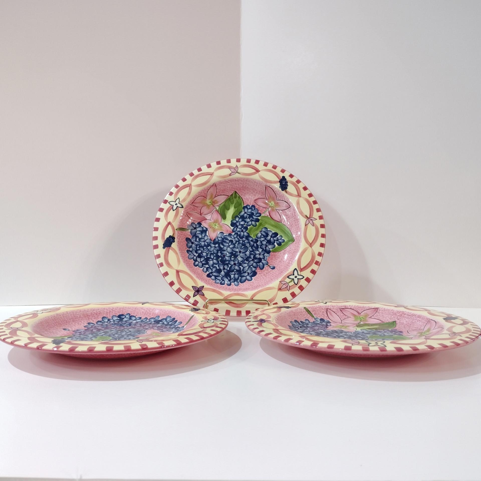 Vintage Laurie Gates Hydrangea Ceramic Pink Spongeware Salad Dessert Plates, Set of 3