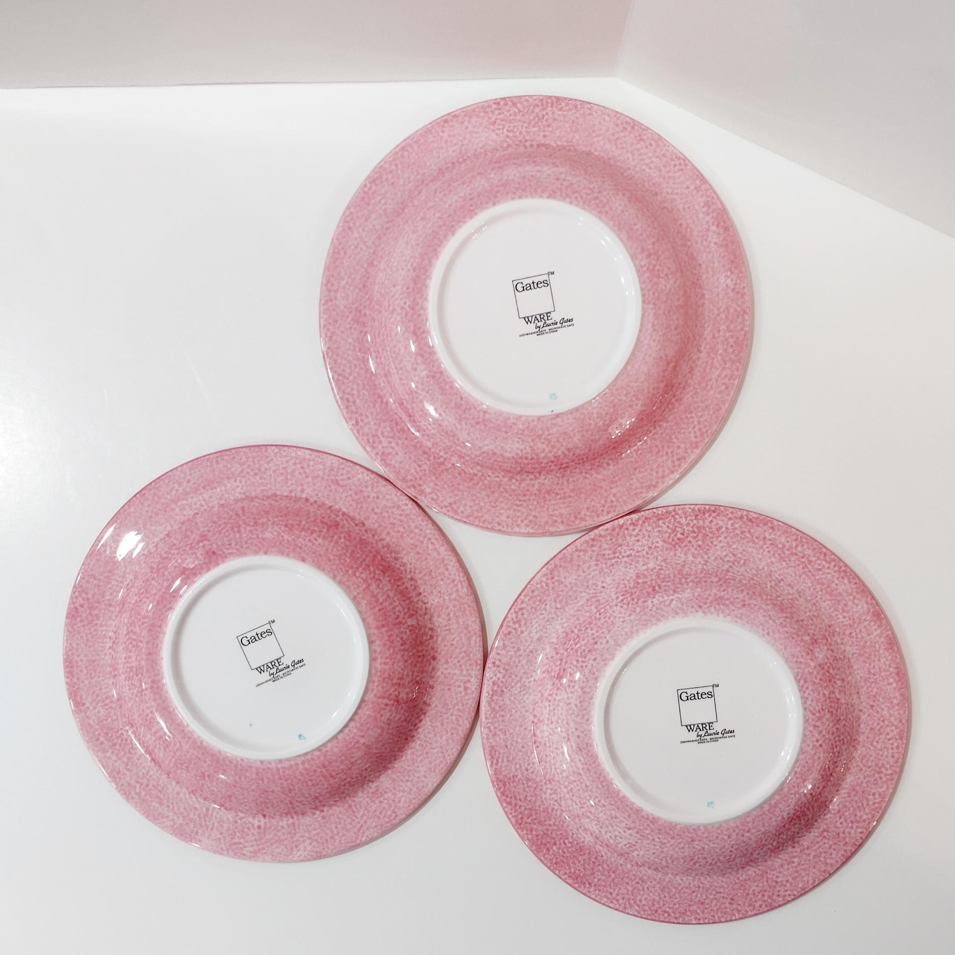 Vintage Laurie Gates Hydrangea Ceramic Pink Spongeware Salad Dessert Plates, Set of 3
