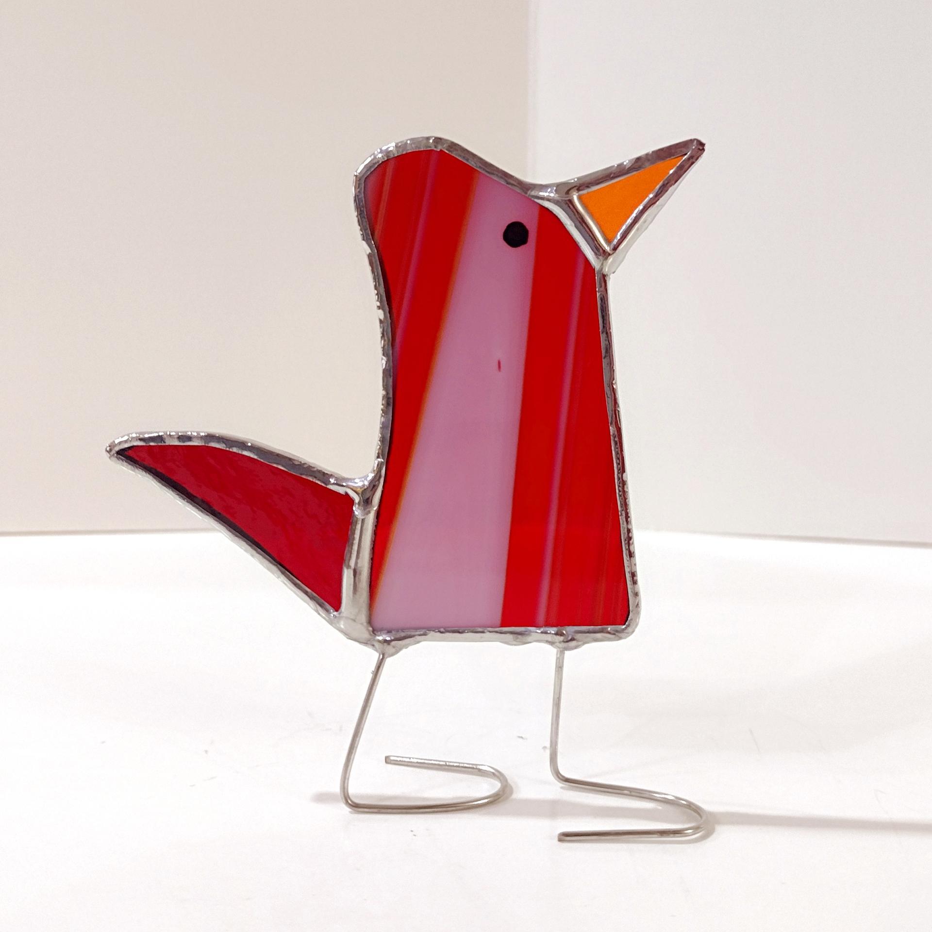 Stained Glass Standing Bird, Funky Glass Bird, Red and White Striped Bird Suncatcher, Windowsill Free Standing Bird