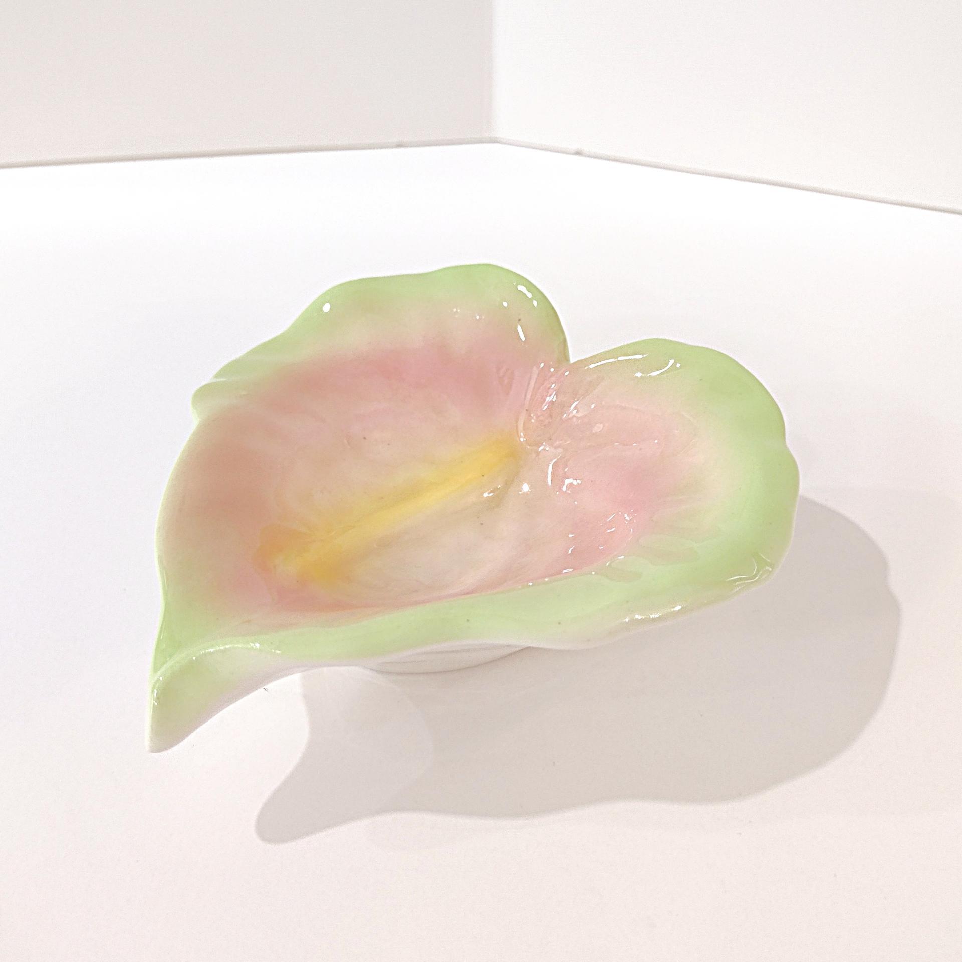 Porcelain Leaf Green and Pink Bowl, Hawaiian Ceramic Trinket / Candy / Soap Dish