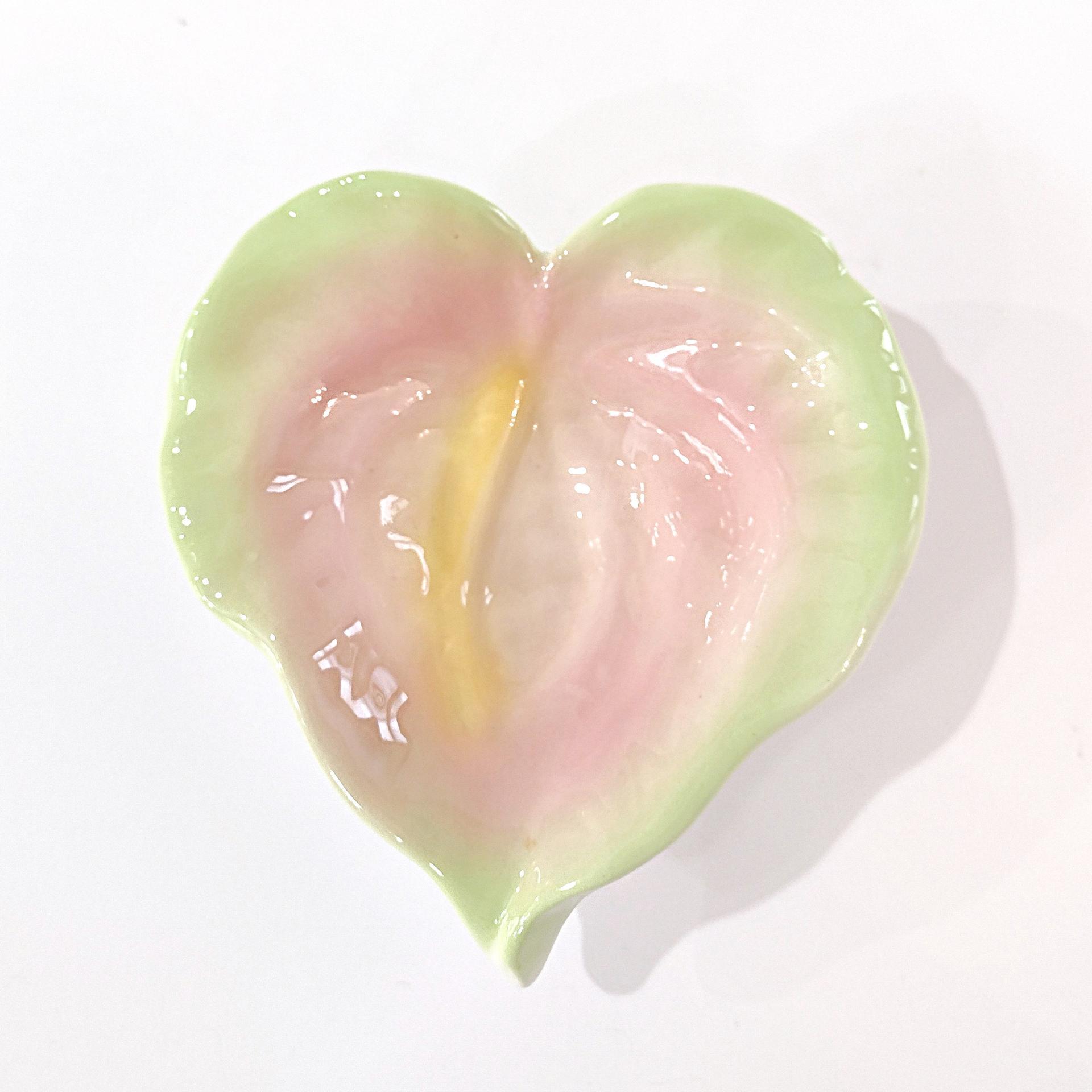 Porcelain Leaf Green and Pink Bowl, Hawaiian Ceramic Trinket / Candy / Soap Dish
