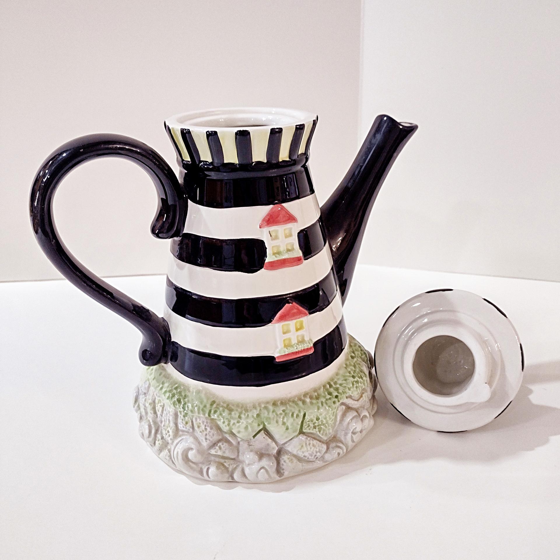 Vintage Lighthouse Ceramic Teapot, Cracker Barrel 1995 Black and White Striped Lighthouse Tea Pot