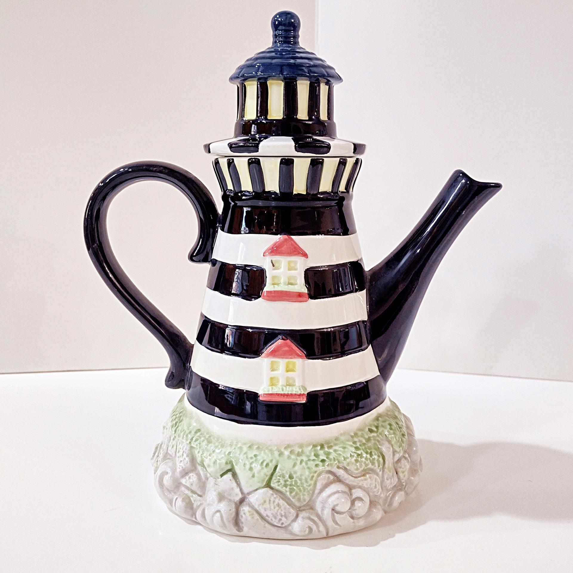 Vintage Lighthouse Ceramic Teapot, Cracker Barrel 1995 Black and White Striped Lighthouse Tea Pot