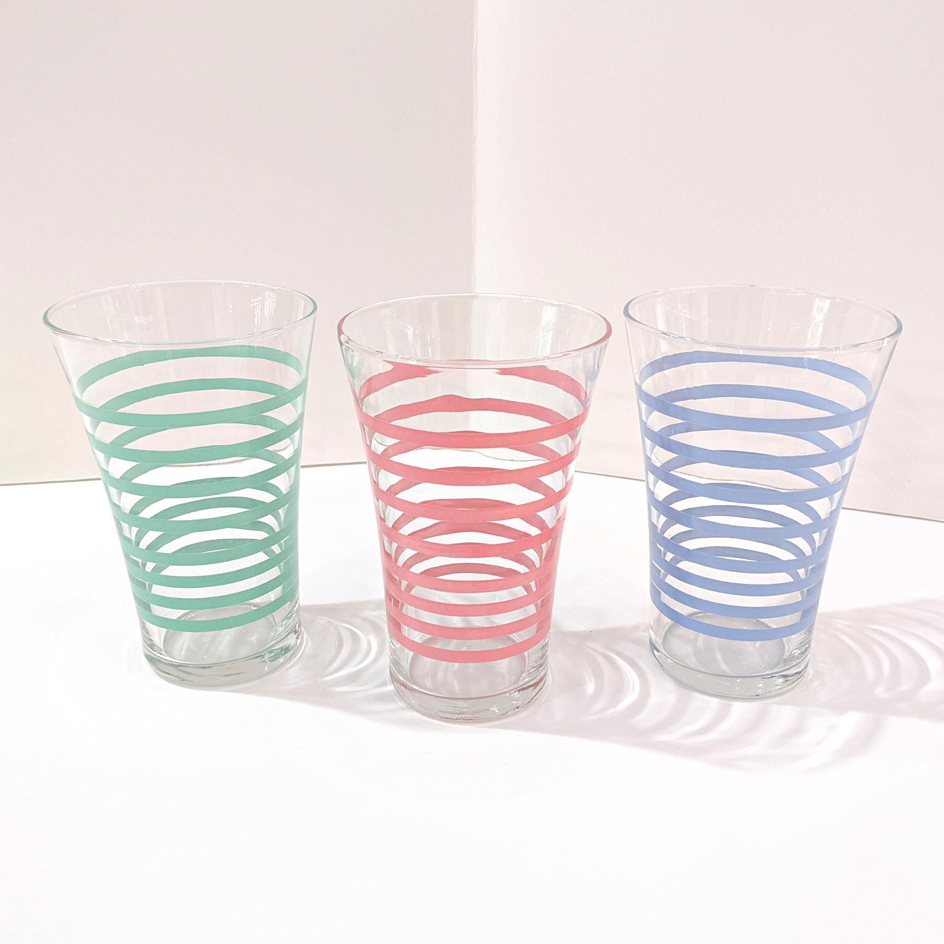 Vintage Libbey Green Blue Pink Color Striped 16 Oz Tumblers Pint Glasses, Set of 3
