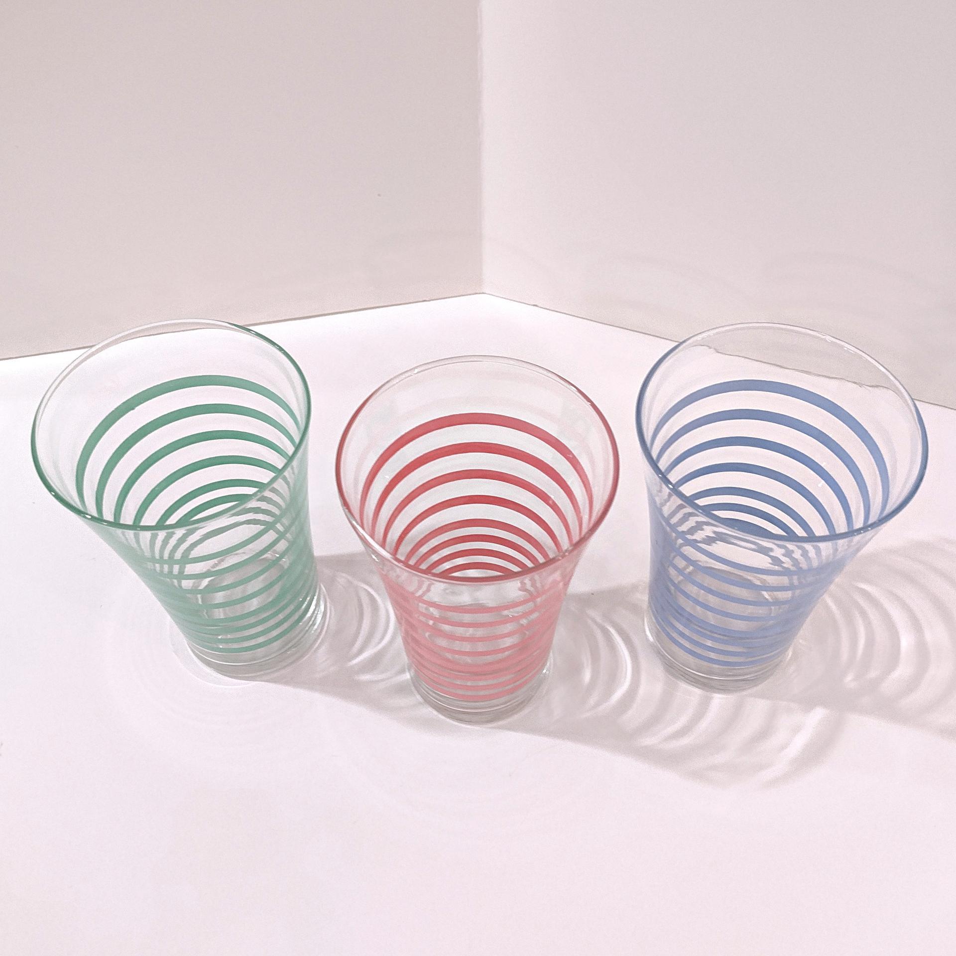 Vintage Libbey Green Blue Pink Color Striped 16 Oz Tumblers Pint Glasses, Set of 3