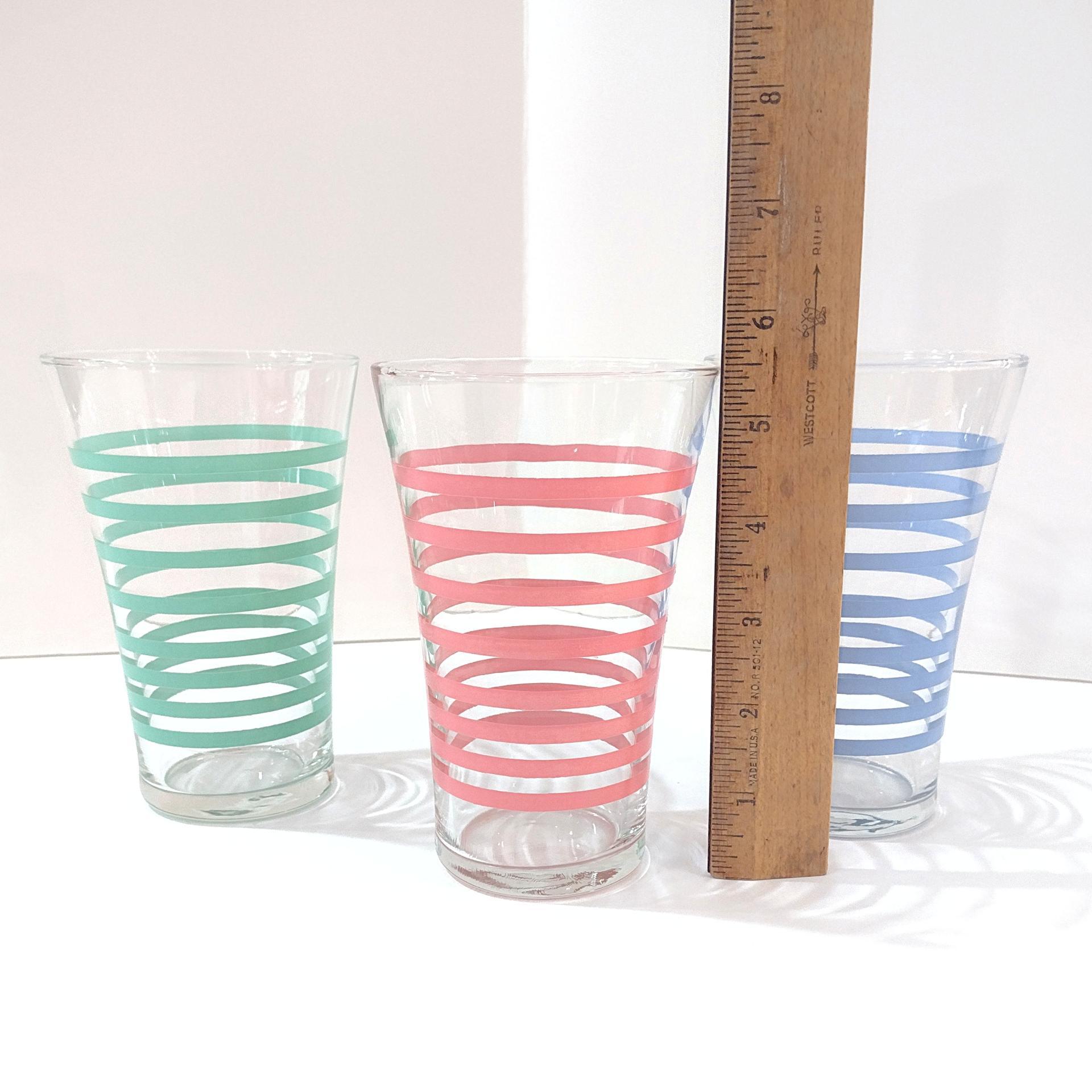 Vintage Libbey Green Blue Pink Color Striped 16 Oz Tumblers Pint Glasses, Set of 3