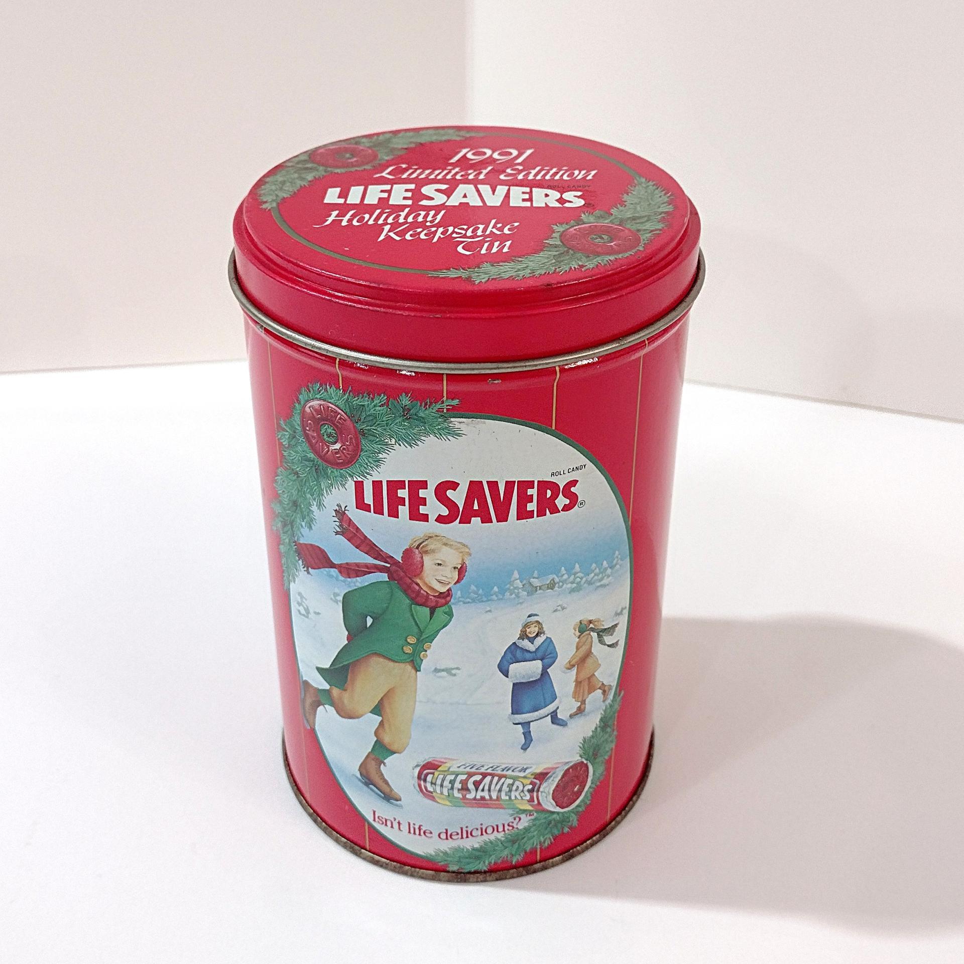 Vintage 1991 Limited Edition Lifesavers Candy Cylinder Tin, Holiday Keepsake Storage Metal Tin Box