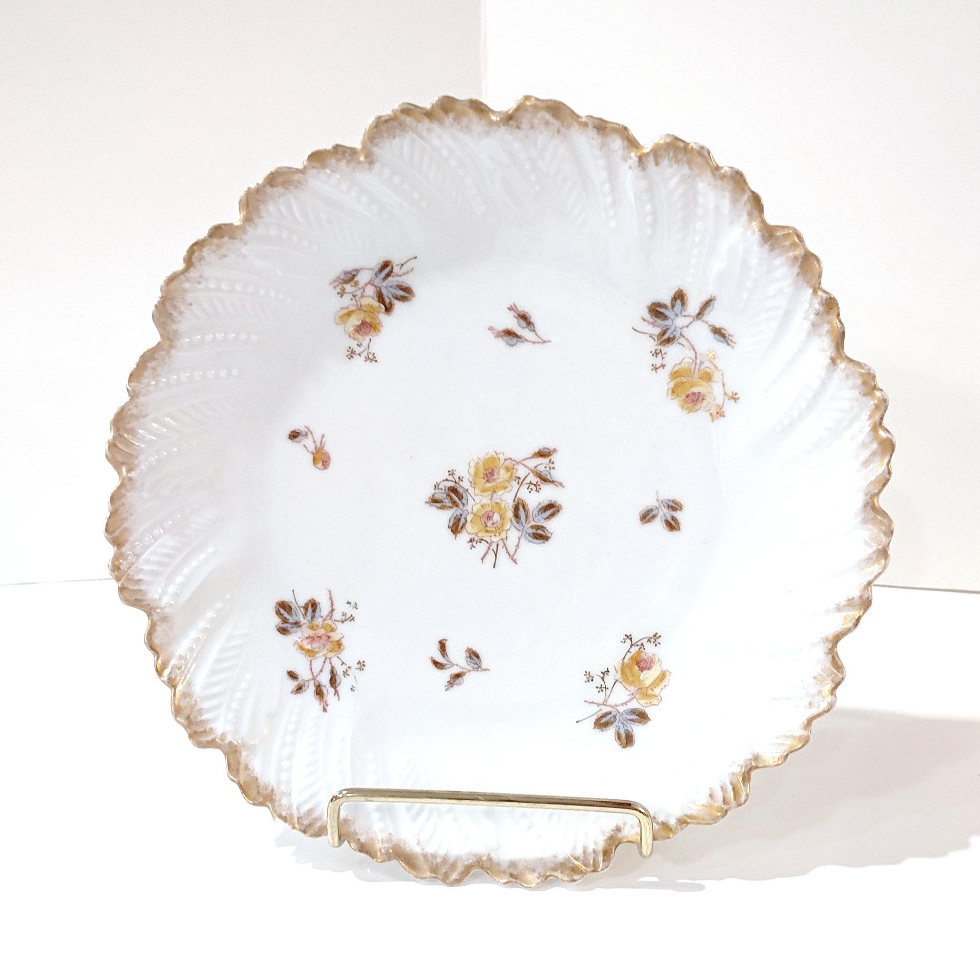 Antique Limoges France Yellow Roses Floral Scalloped 8 1/2" Porcelain Plate