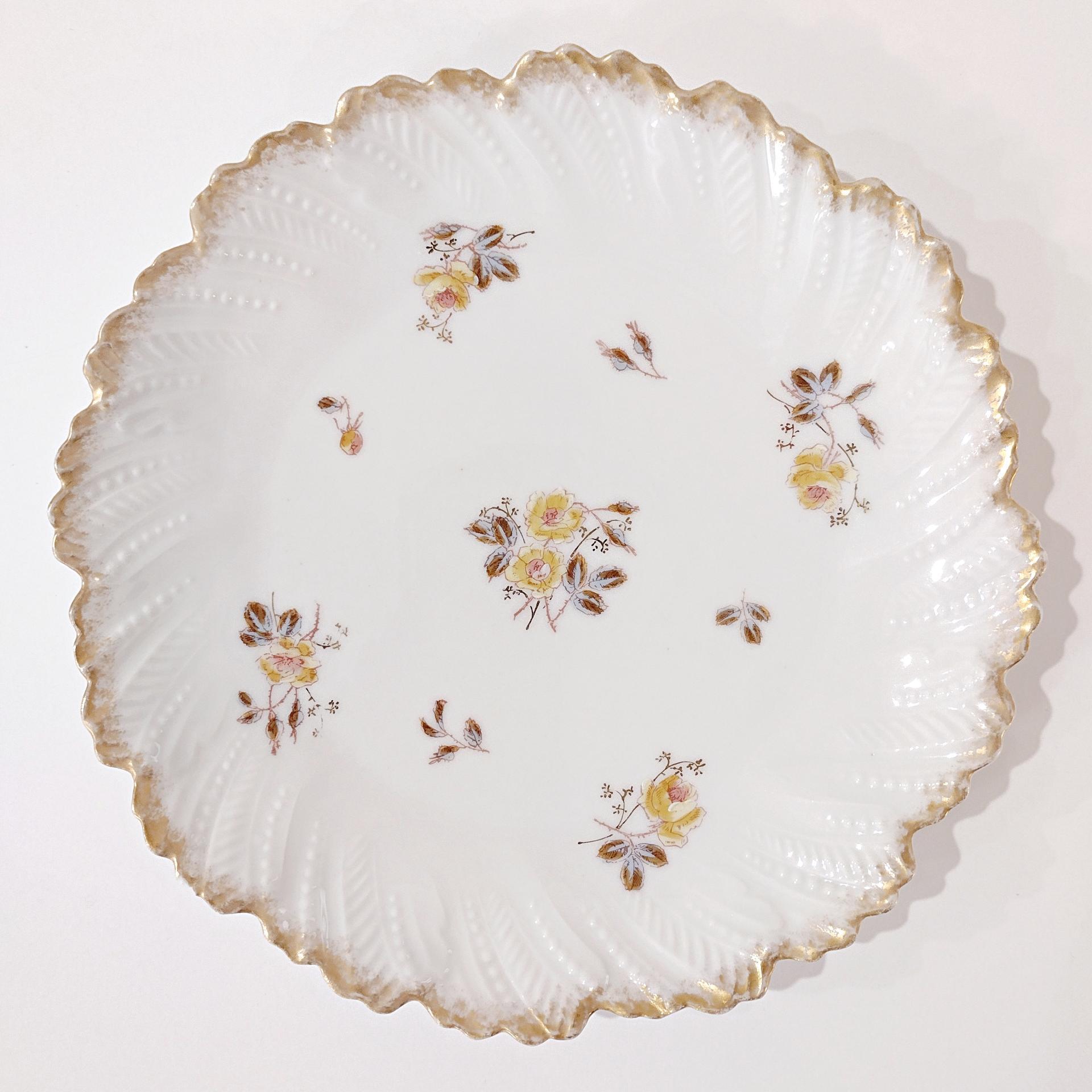 Antique Limoges France Yellow Roses Floral Scalloped 8 1/2" Porcelain Plate