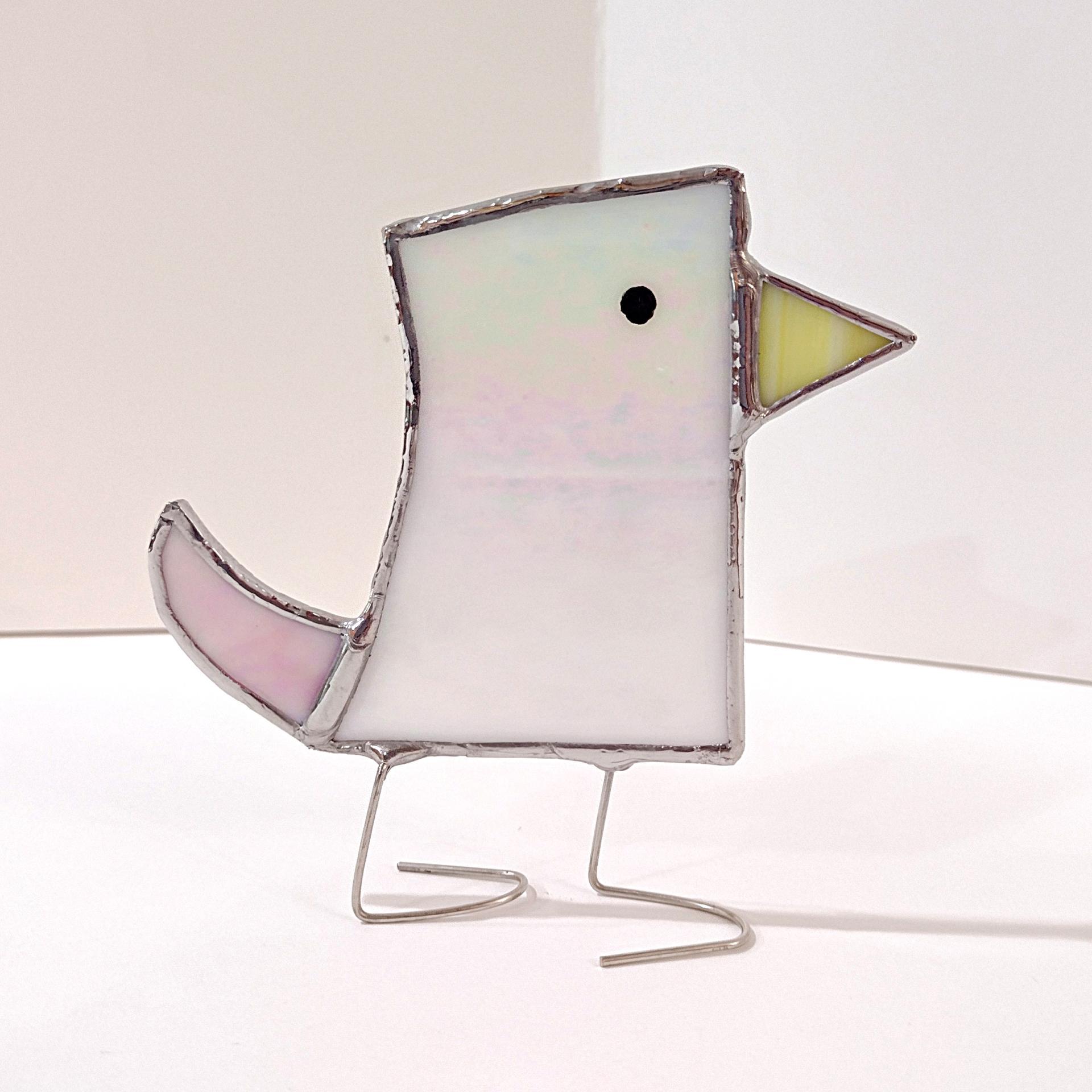 Stained Glass Standing Bird, Funky Pink and White Iridescent Glass Bird Suncatcher, Bird Lover Gift, Windowsill Sitter