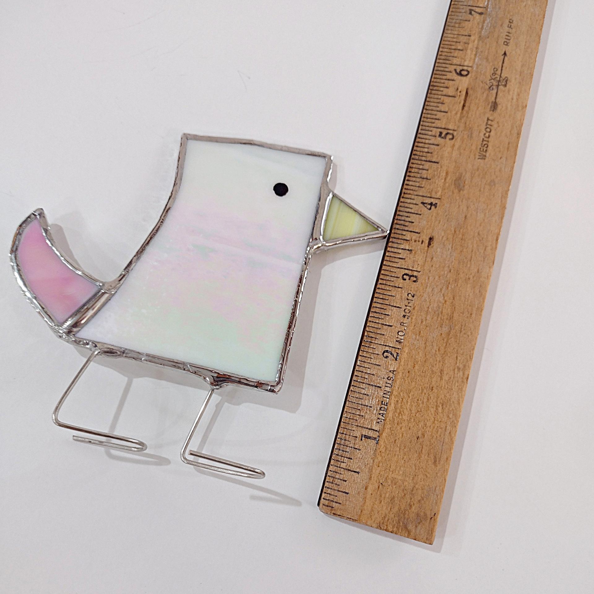 Stained Glass Standing Bird, Funky Pink and White Iridescent Glass Bird Suncatcher, Bird Lover Gift, Windowsill Sitter