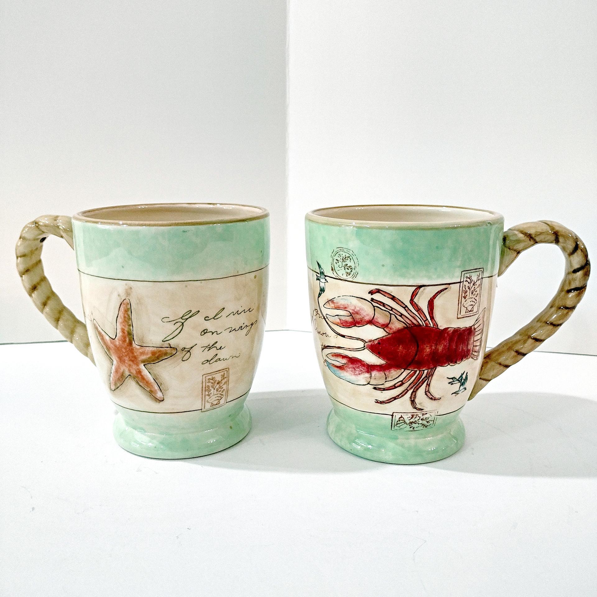 Vintage Susan Winget Shore Thing Ceramic Mugs, Set of 2, Starfish Lobster Ocean Sea Life Nautical Mugs