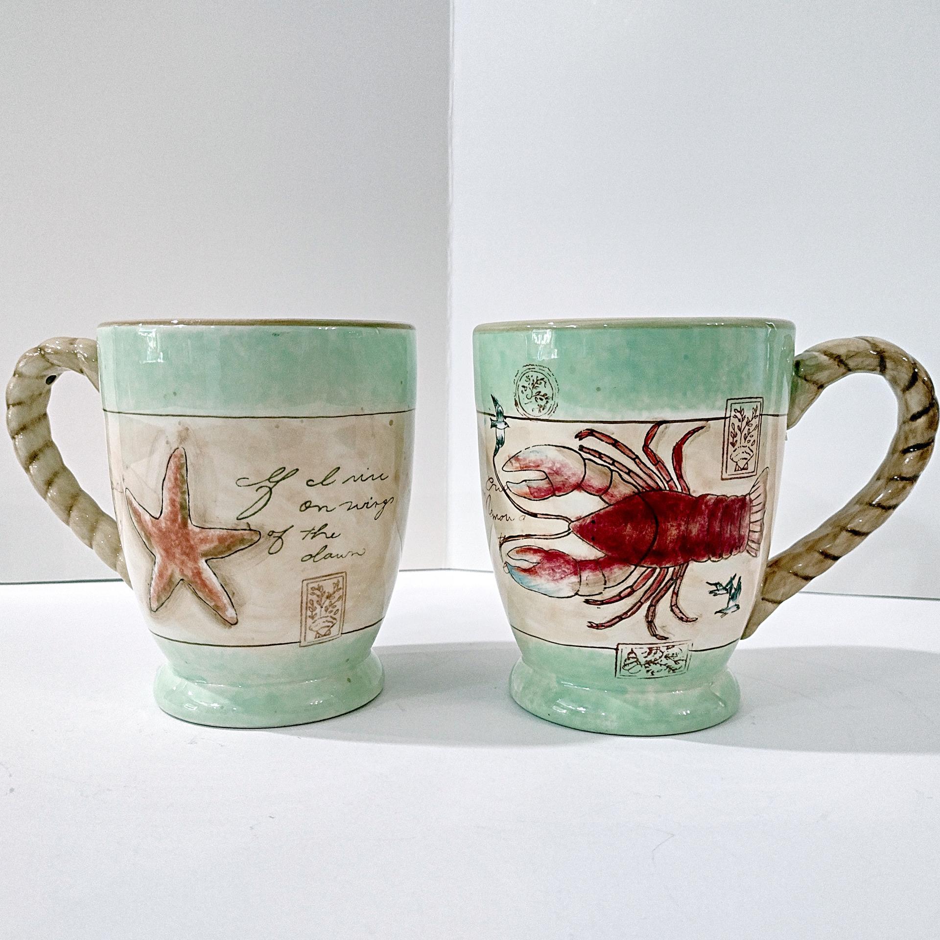 Vintage Susan Winget Shore Thing Ceramic Mugs, Set of 2, Starfish Lobster Ocean Sea Life Nautical Mugs