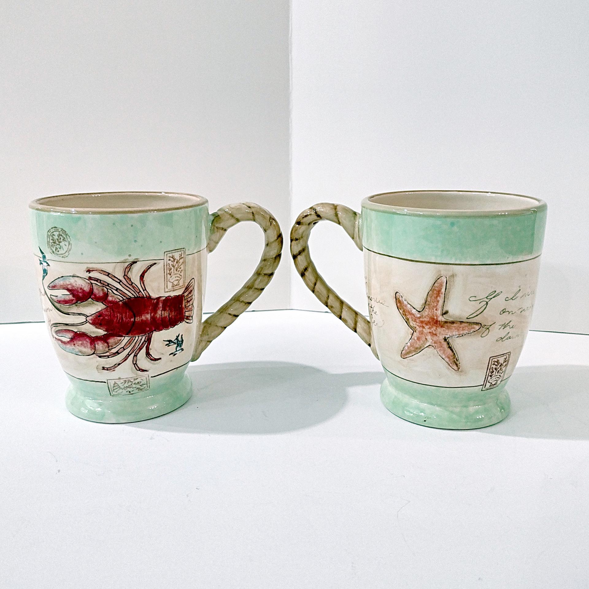Vintage Susan Winget Shore Thing Ceramic Mugs, Set of 2, Starfish Lobster Ocean Sea Life Nautical Mugs