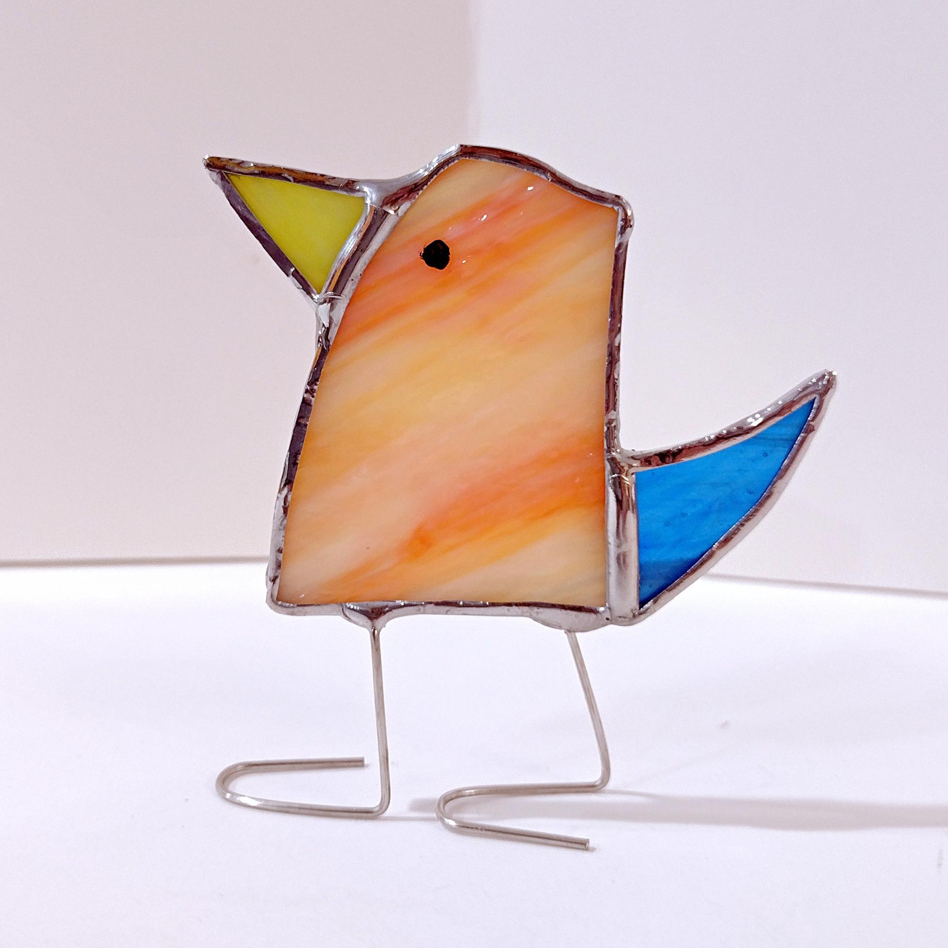 Stained Glass Standing Bird, Funky Orange and Blue Glass Bird Suncatcher, Bird Lover Gift