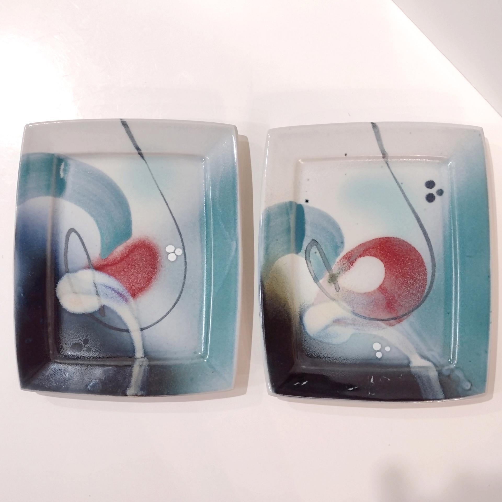 Vintage Abstract Ceramic Plates Trays, Set of Two, Signed Loren Lukens Hand Crafted Artisan Pottery Plates