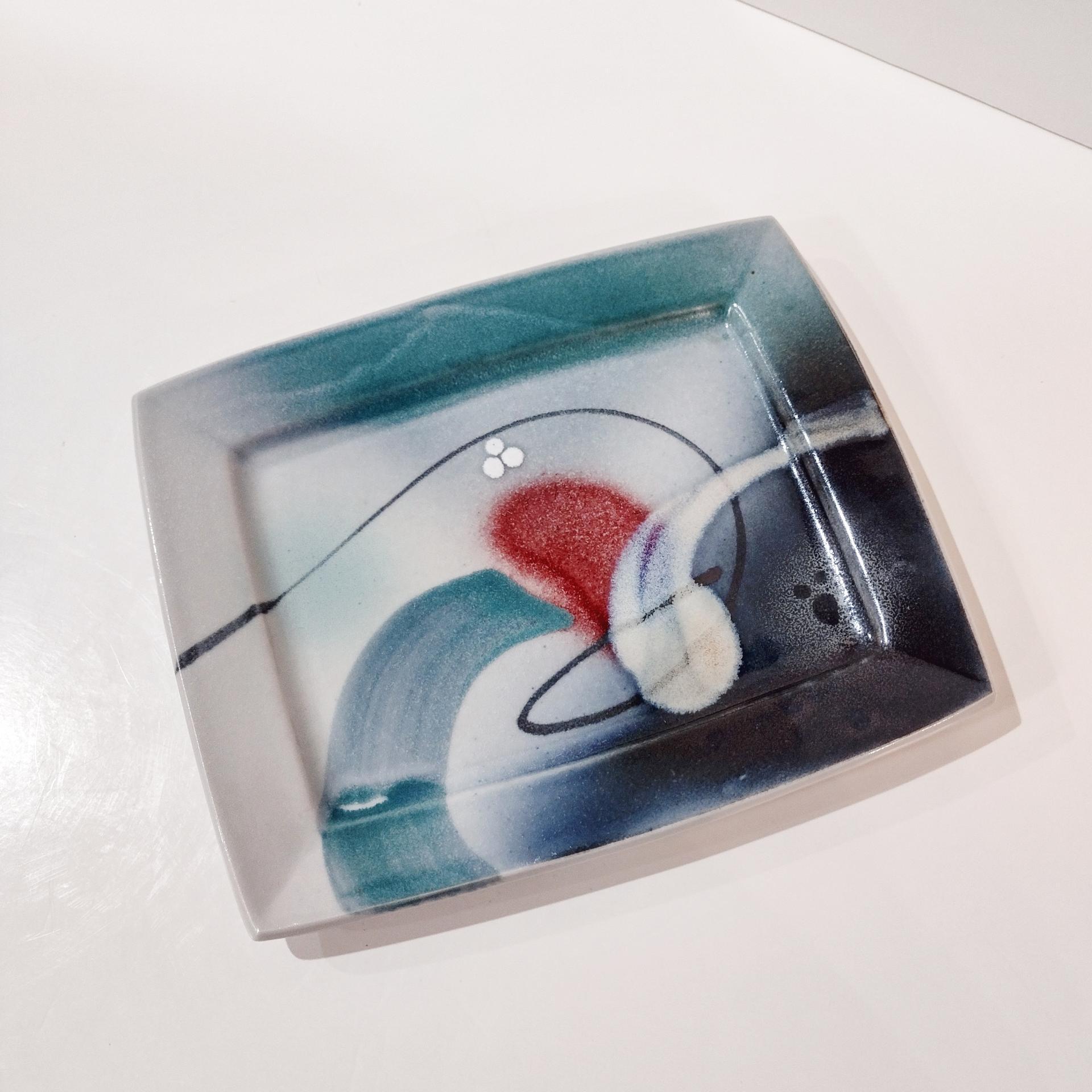 Vintage Abstract Ceramic Plates Trays, Set of Two, Signed Loren Lukens Hand Crafted Artisan Pottery Plates