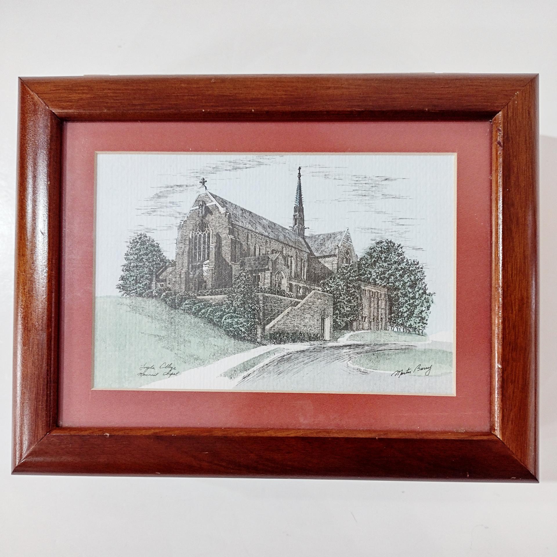 Vintage Loyola College Memorial Chapel Wooden Jewelry Keepsake Box, Martin Barry Ink and Watercolor Art Print