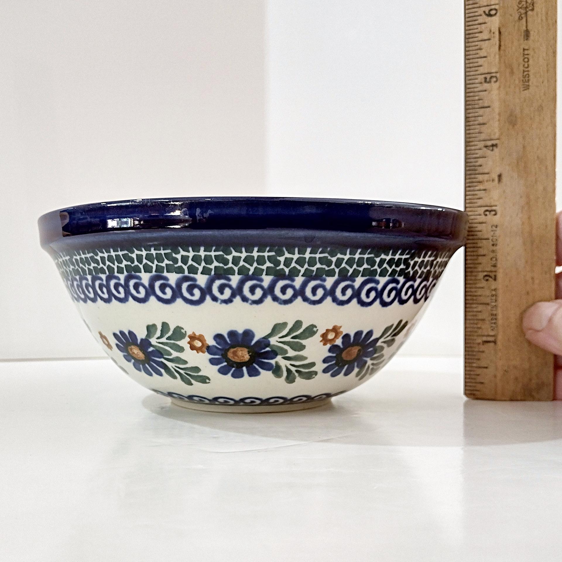 Vintage Polish Pottery Floral Geometric Hand Painted Bowl, Ceramic Soup Candy Nut Serving Bowl