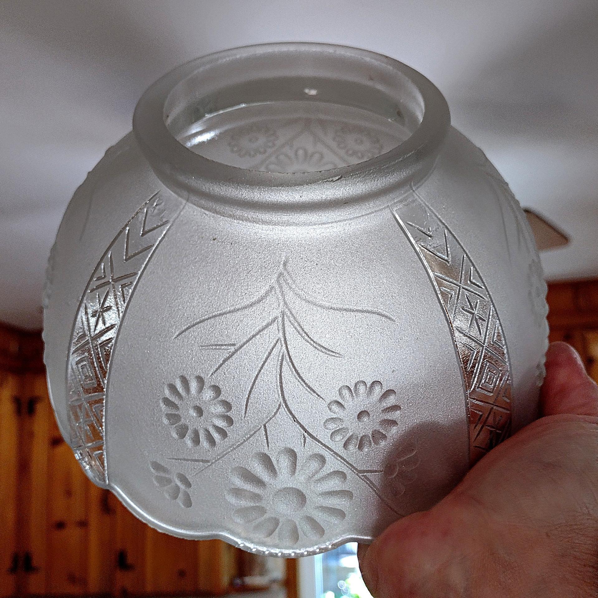 Vintage Frosted and Clear Glass Large Lamp Shade with Floral Daisy and Lattice Design, Art Deco Glass Light Cover