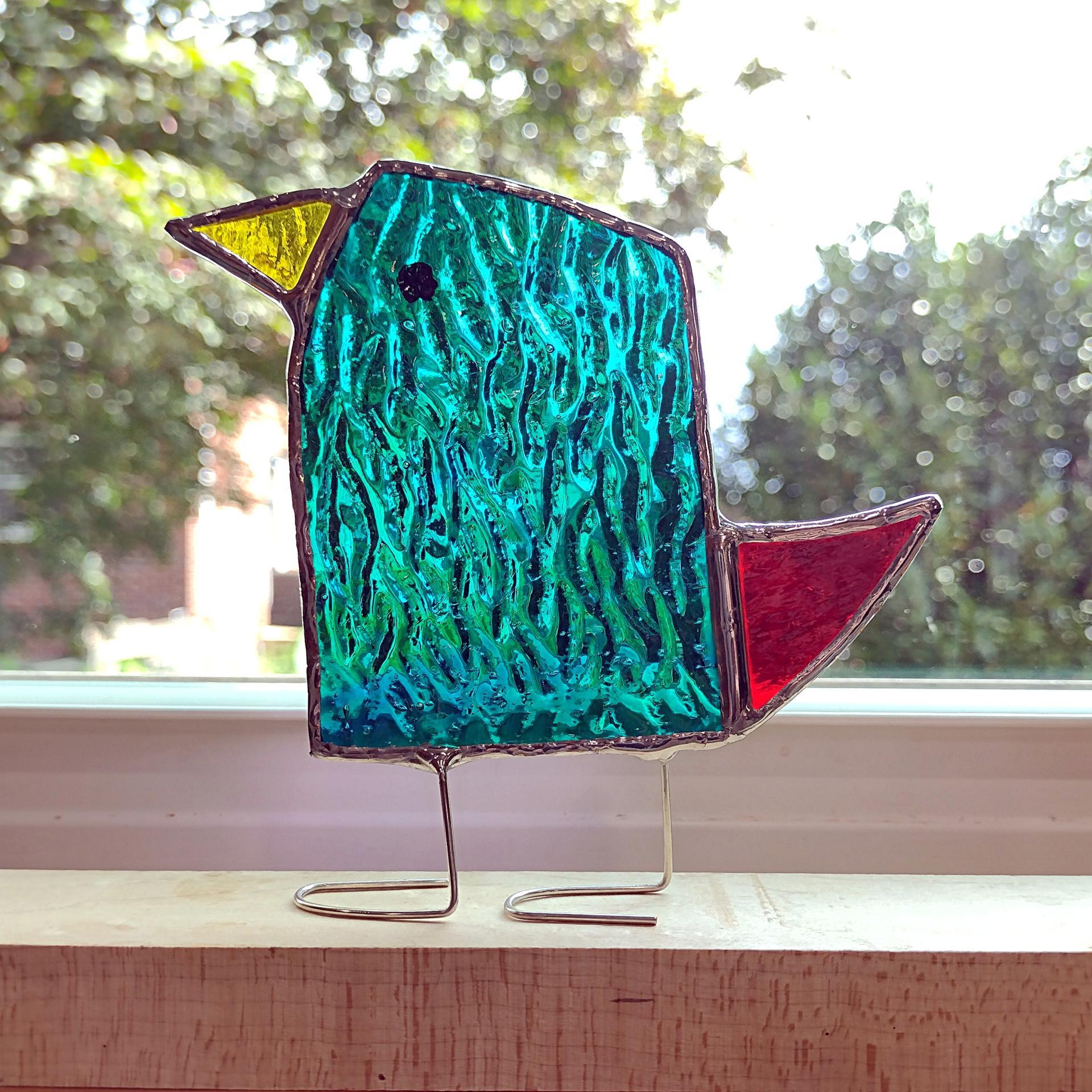 Stained Glass Standing Bird, Funky Green and Blue Glass Bird Suncatcher, Bird Lover Gift, Windowsill Sitter