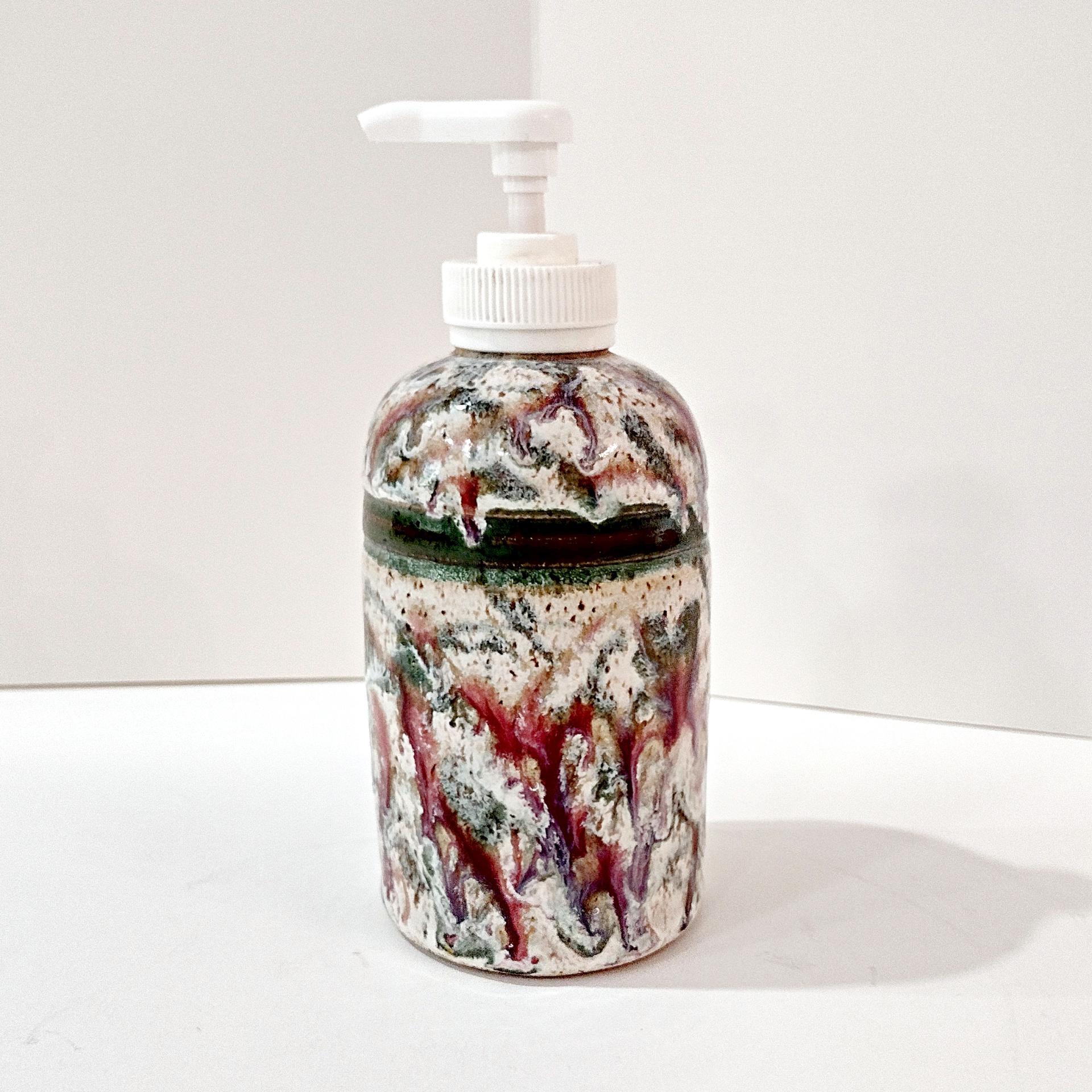 Vintage Ceramic Soap Lotion Dispenser, Green and Maroon Lucaks Pottery Sodus Point New York