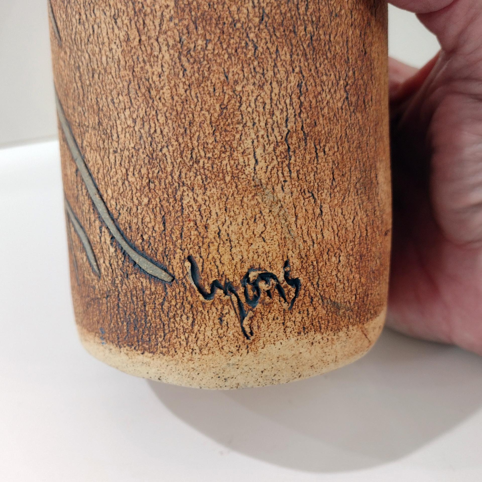 Mitch Lyons Signed Three Figures Ceramic Vase, MCM Rustic Primitive Pottery